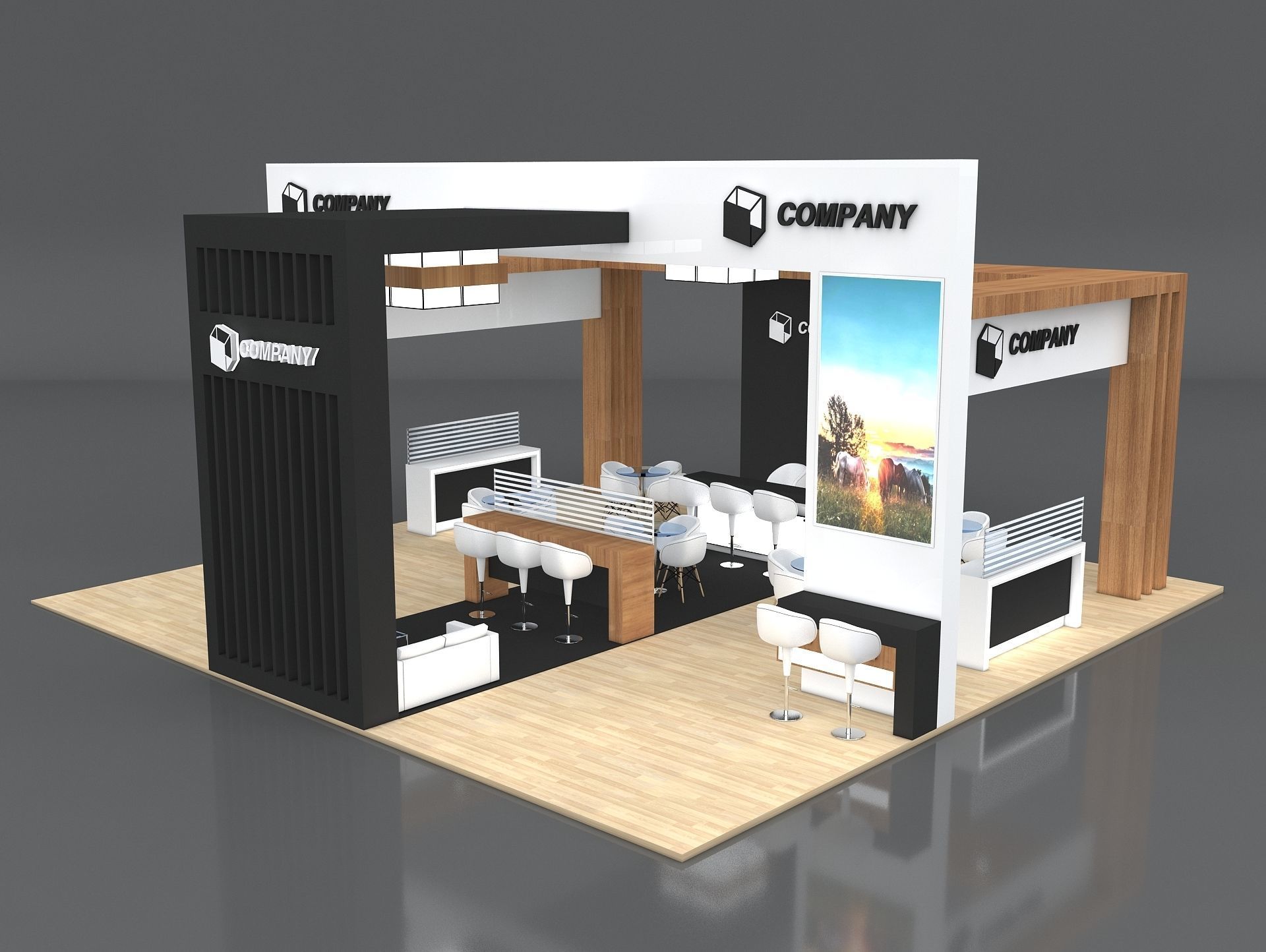 Exhibition Stand Booth Stall 10x10m Height 500cm 4 Side Open 3D model_4
