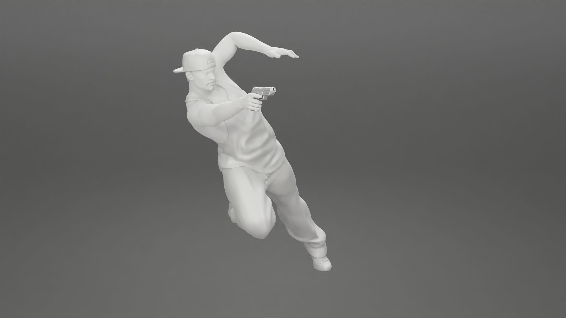 Gangster in cap shooting gun leaning out the window of the car 3D print model_24