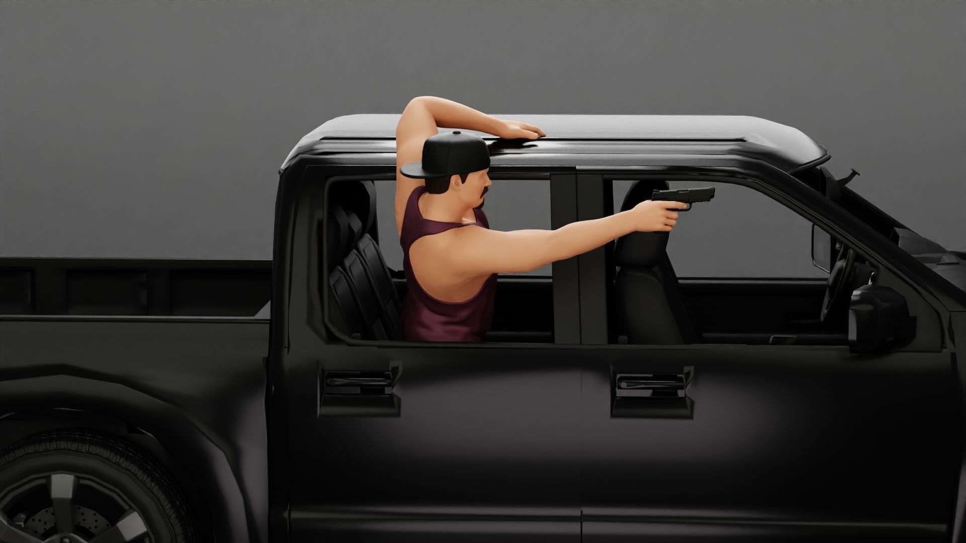 Gangster in cap shooting gun leaning out the window of the car 3D print model_3