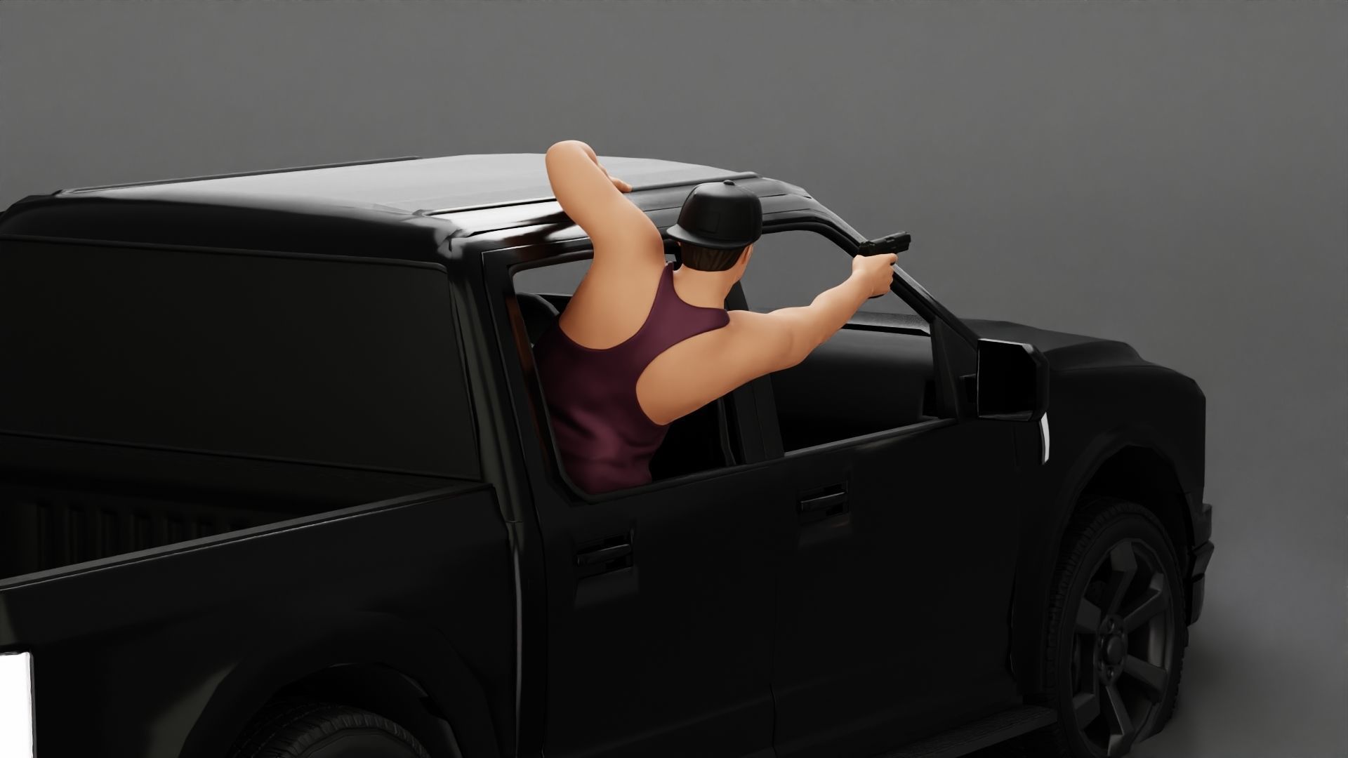 Gangster in cap shooting gun leaning out the window of the car 3D print model_4