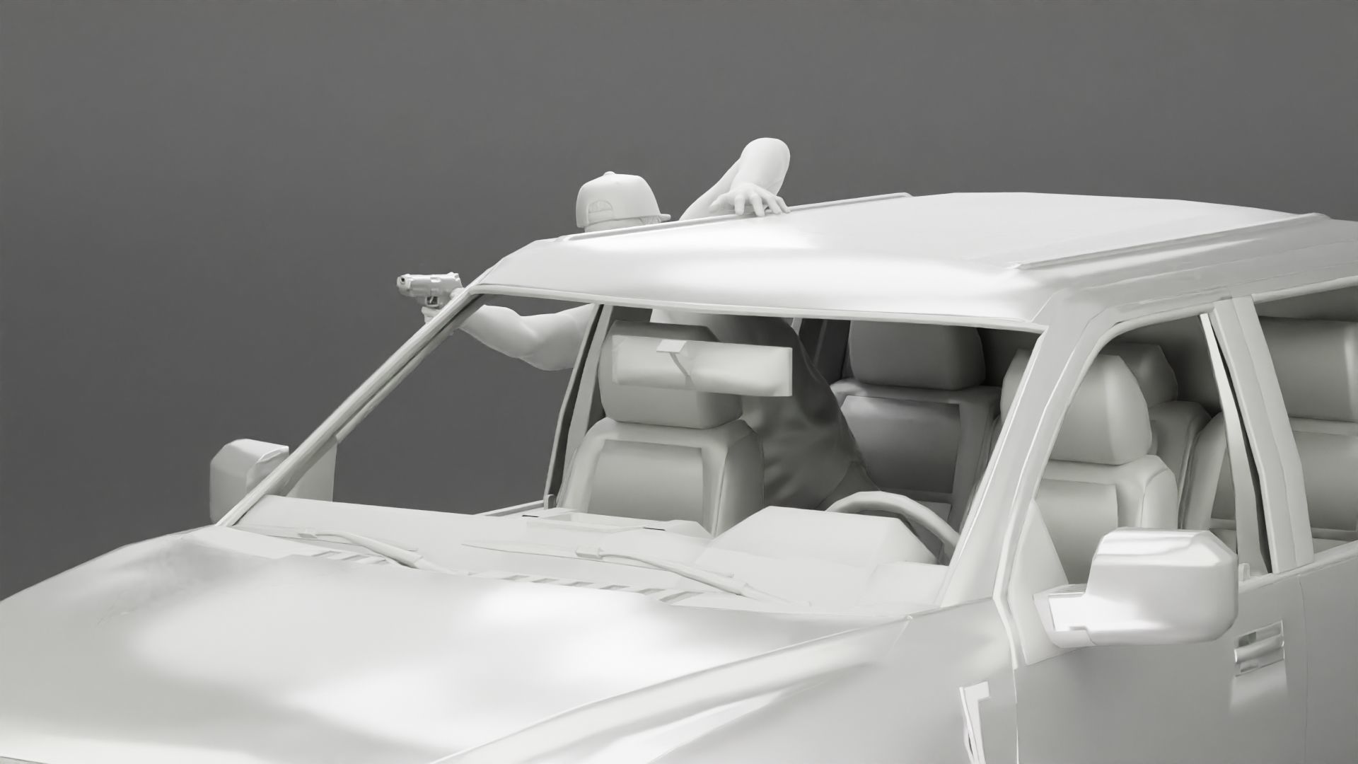 Gangster in cap shooting gun leaning out the window of the car 3D print model_23