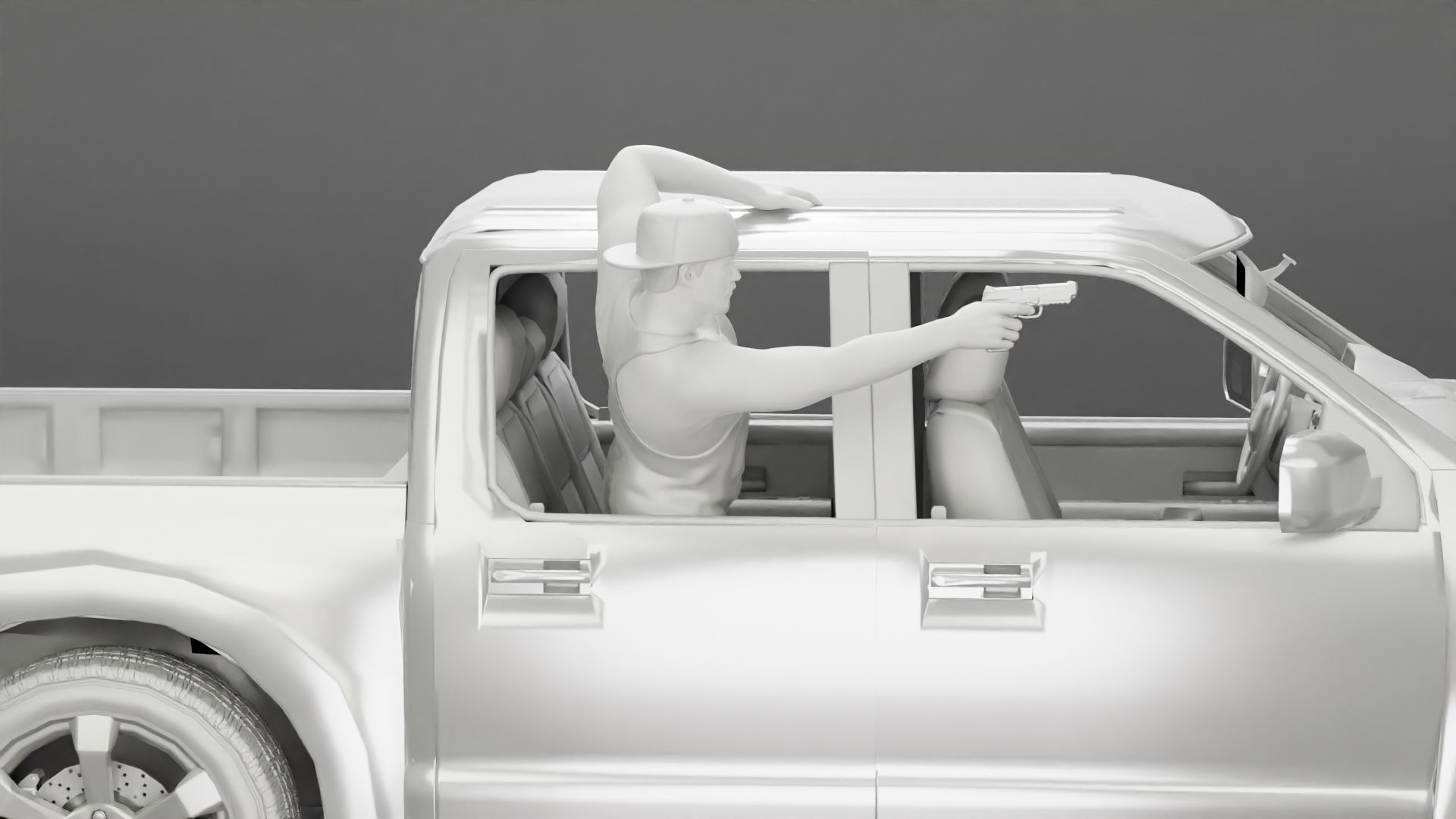 Gangster in cap shooting gun leaning out the window of the car 3D print model_19
