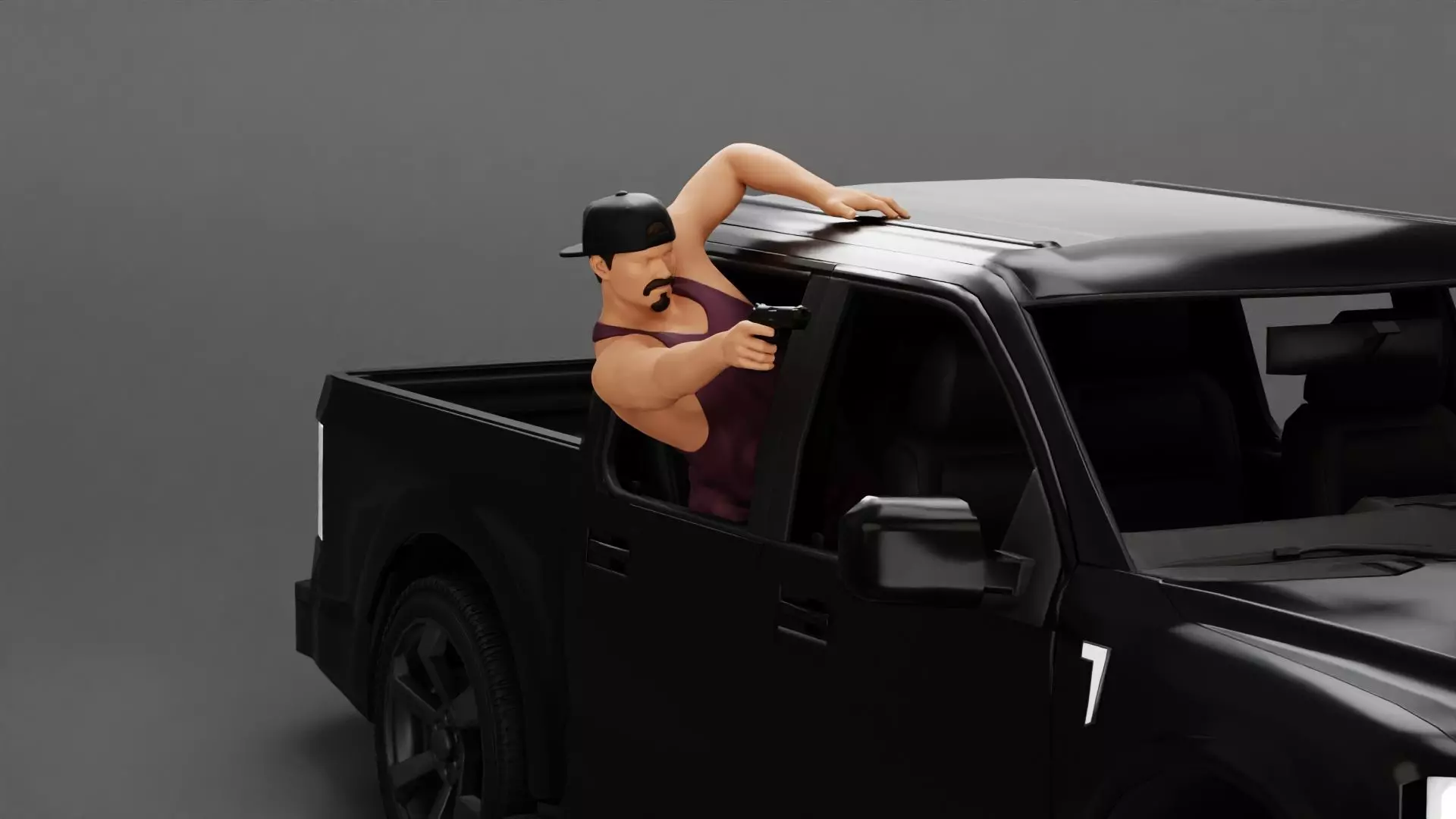 Gangster in cap shooting gun leaning out the window of the car 3D print model_0