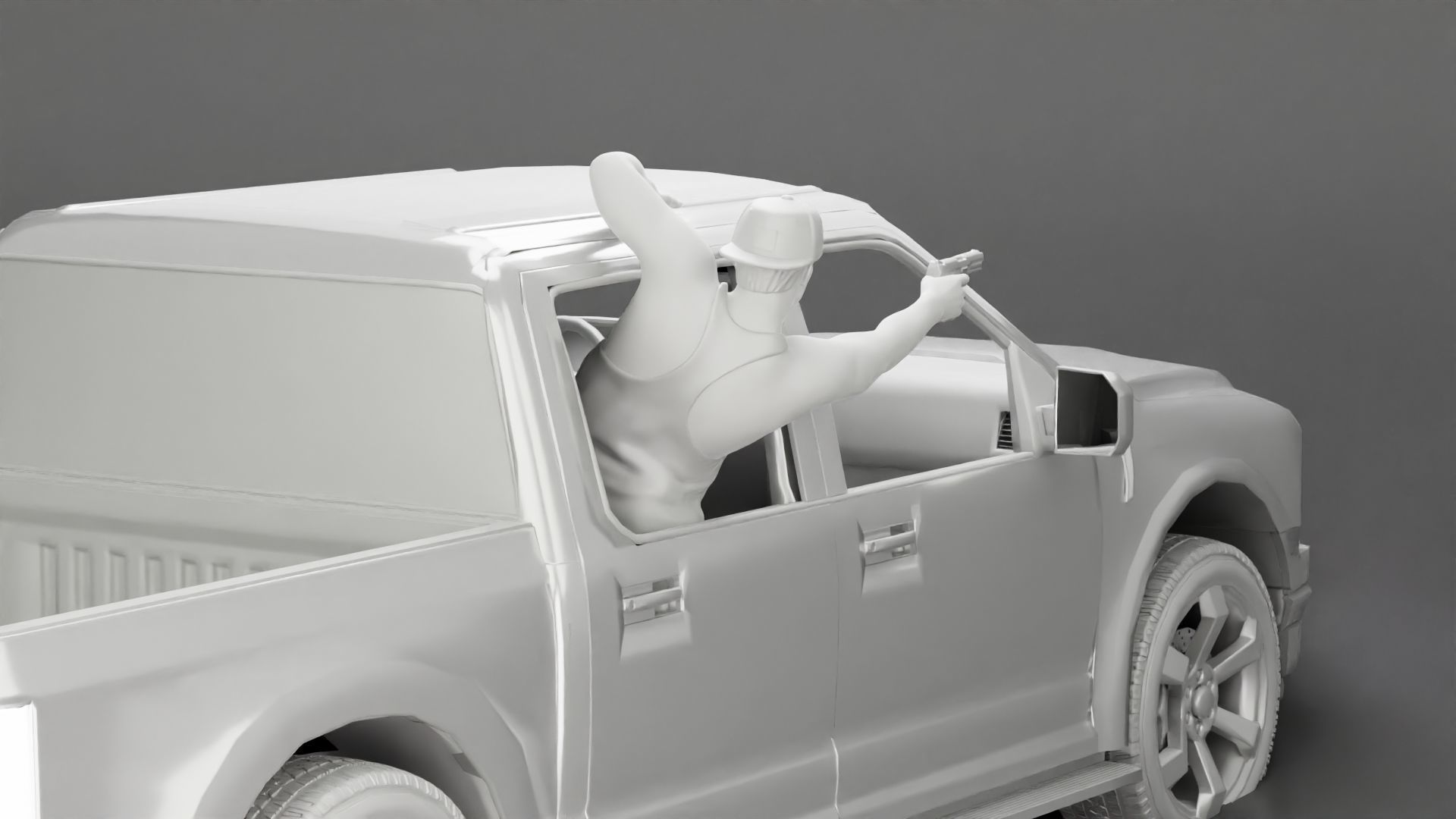 Gangster in cap shooting gun leaning out the window of the car 3D print model_20