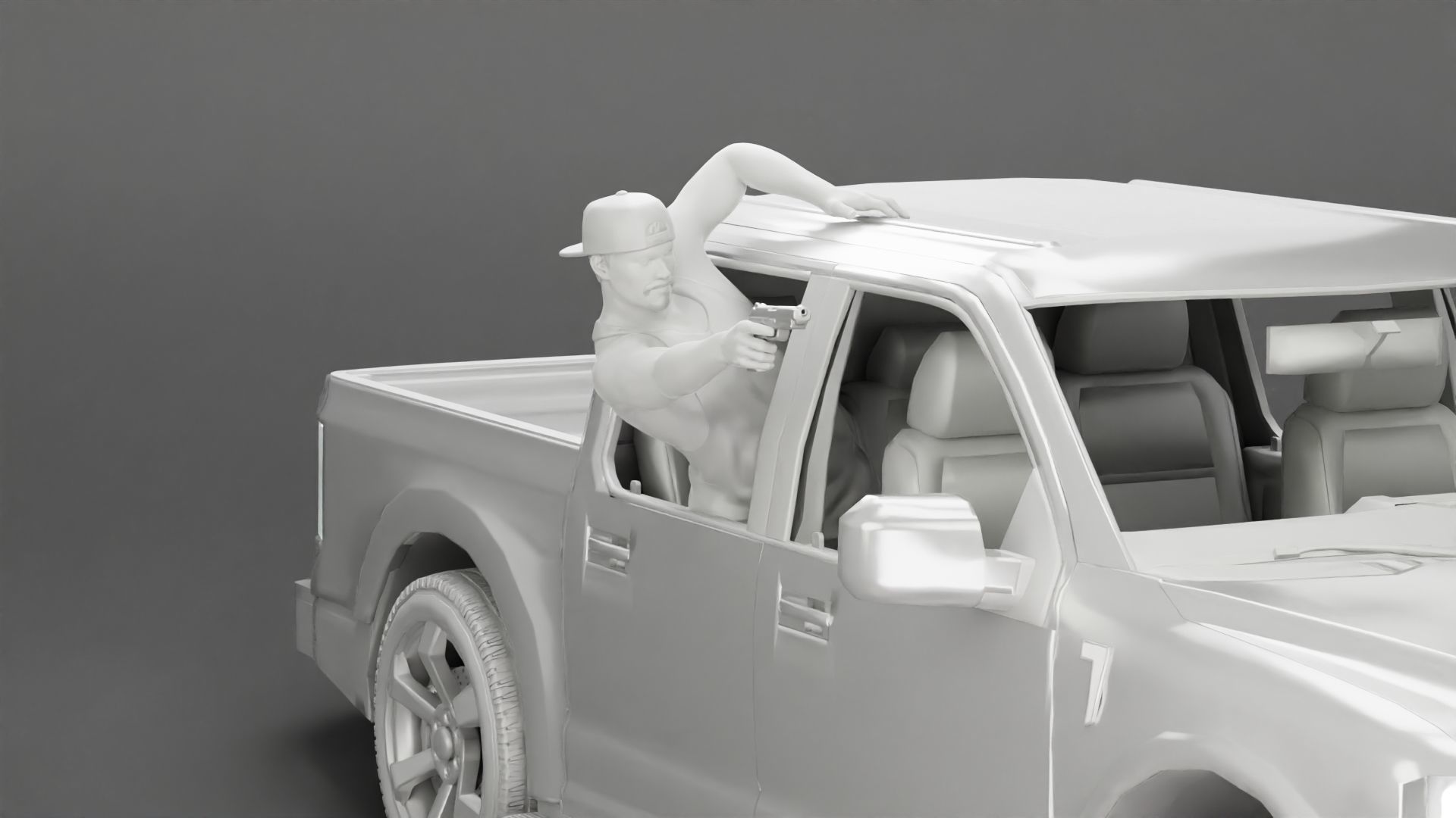 Gangster in cap shooting gun leaning out the window of the car 3D print model_18