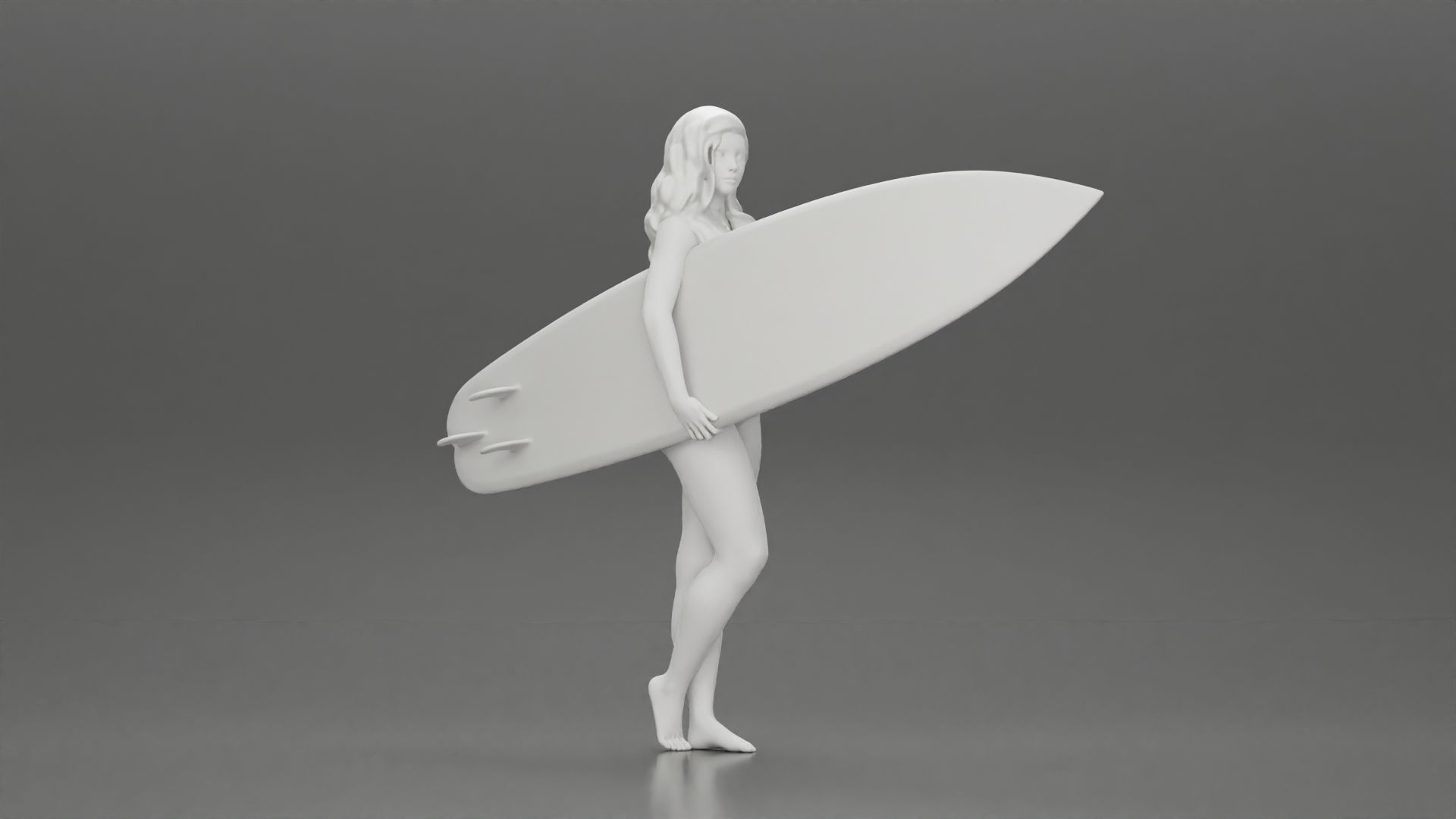 Attractive Young Woman Walking on Beach Holding Surfboard 3D print model_14