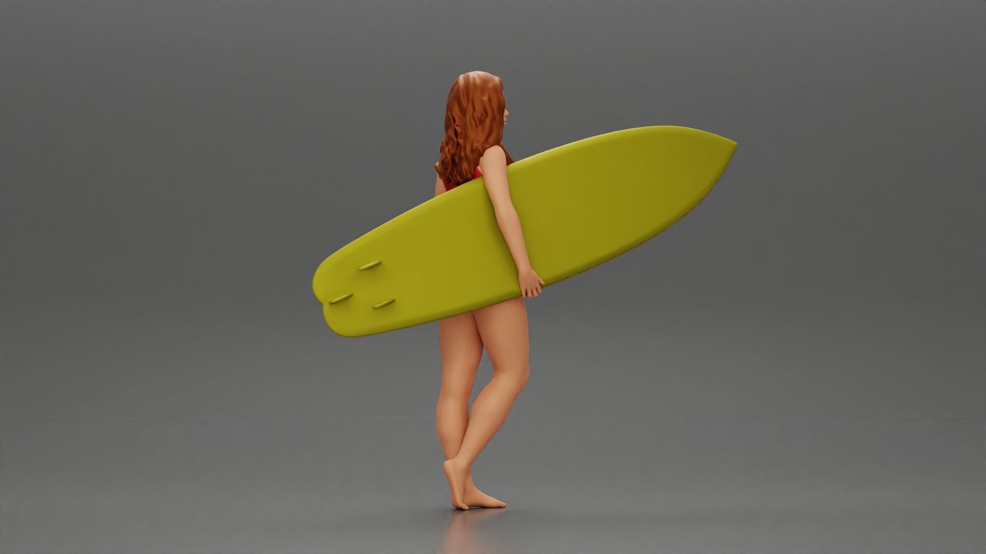 Attractive Young Woman Walking on Beach Holding Surfboard 3D print model_4