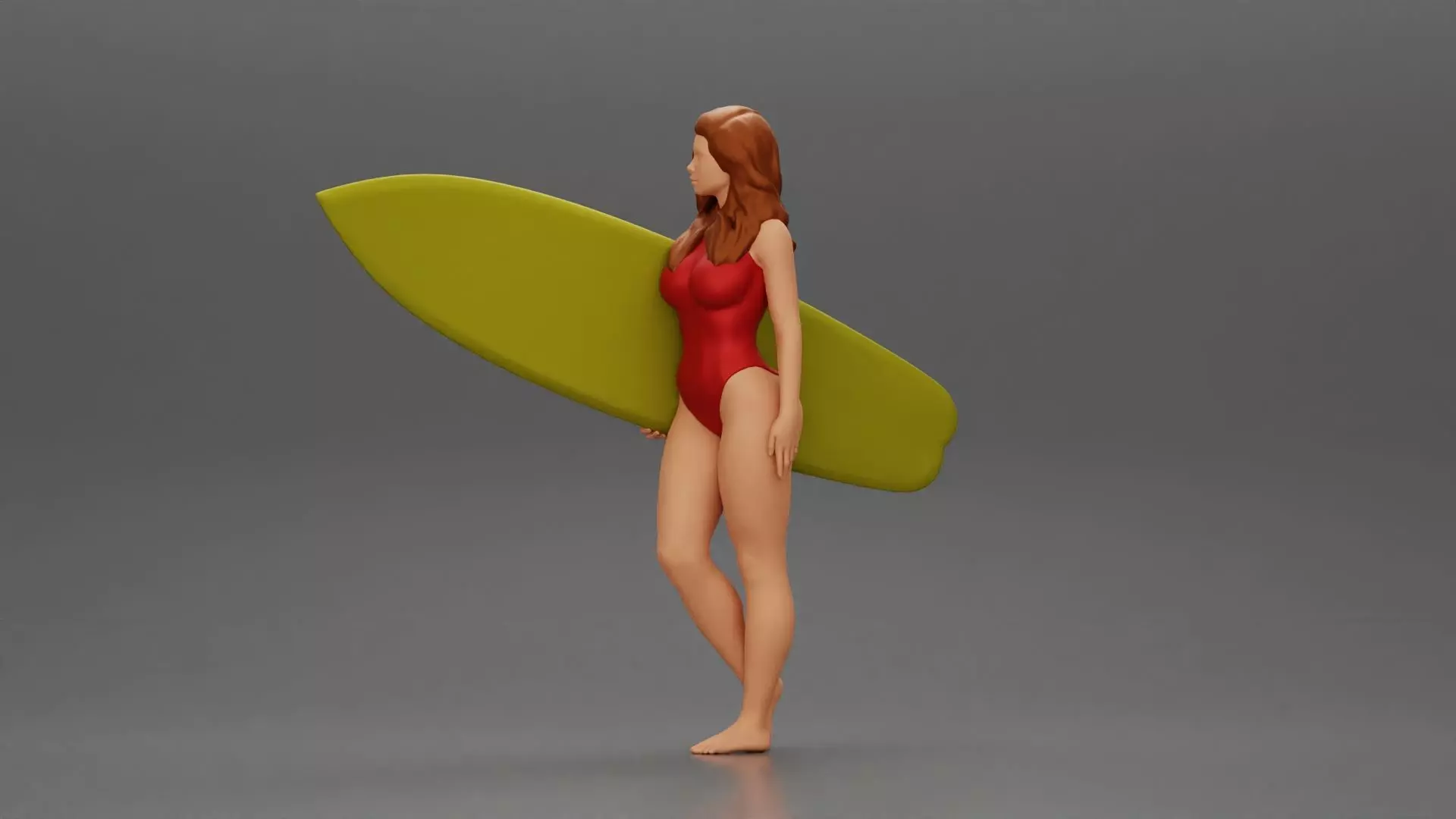 Attractive Young Woman Walking on Beach Holding Surfboard 3D print model_0