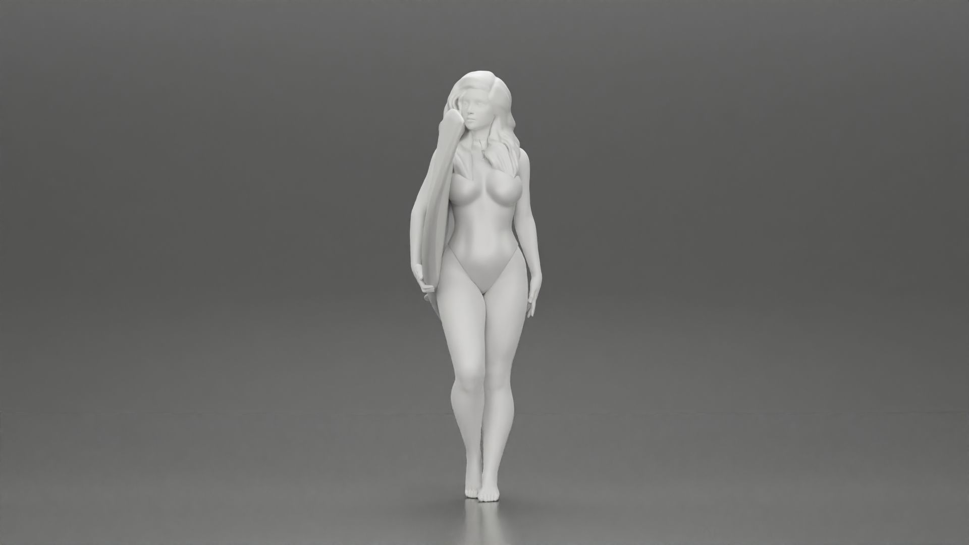 Attractive Young Woman Walking on Beach Holding Surfboard 3D print model_13