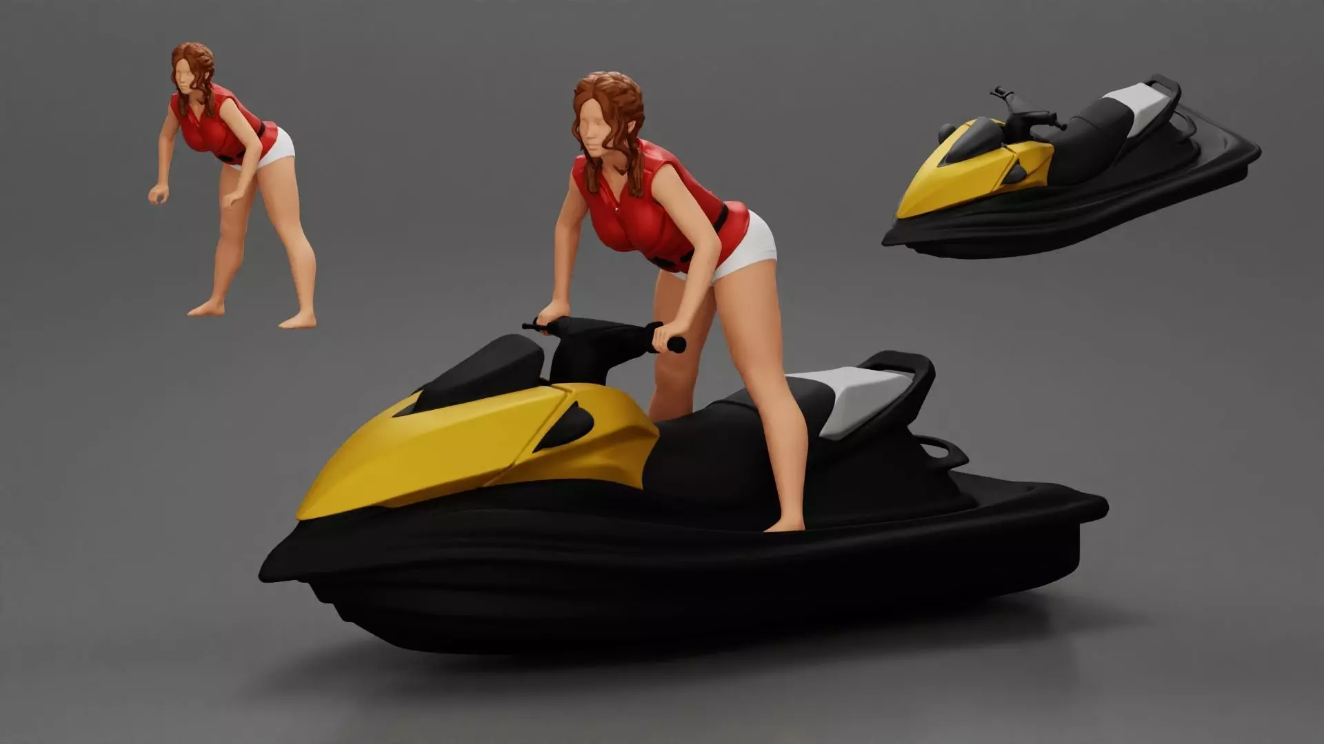 Beautiful girl riding standing up on a speeding jetski 3D print model
