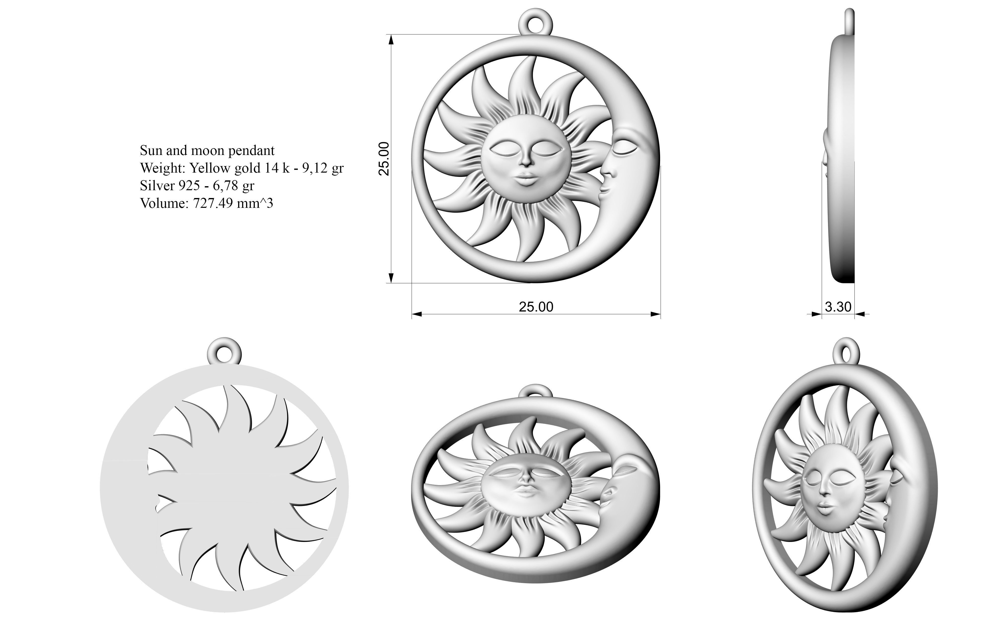 Sun and moon pendant 3D print model_2