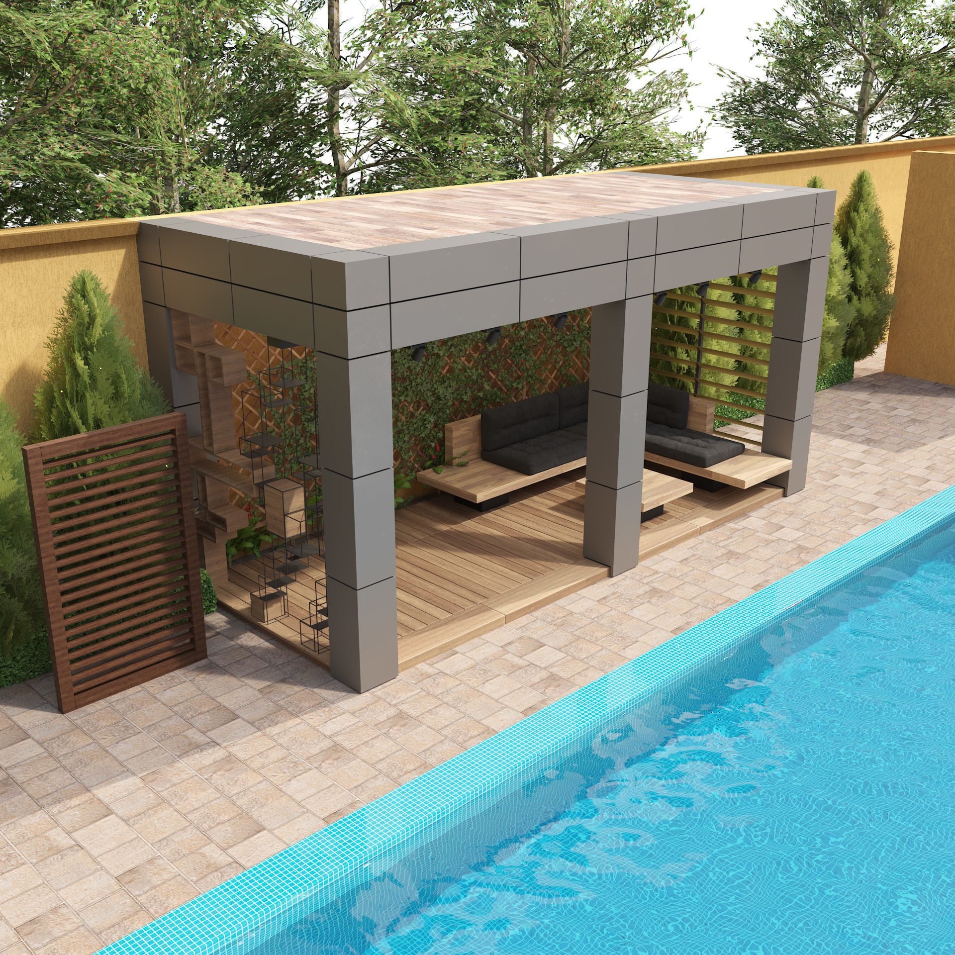 Pergola with Climbing Vines and pool  Low-poly 3D model_3