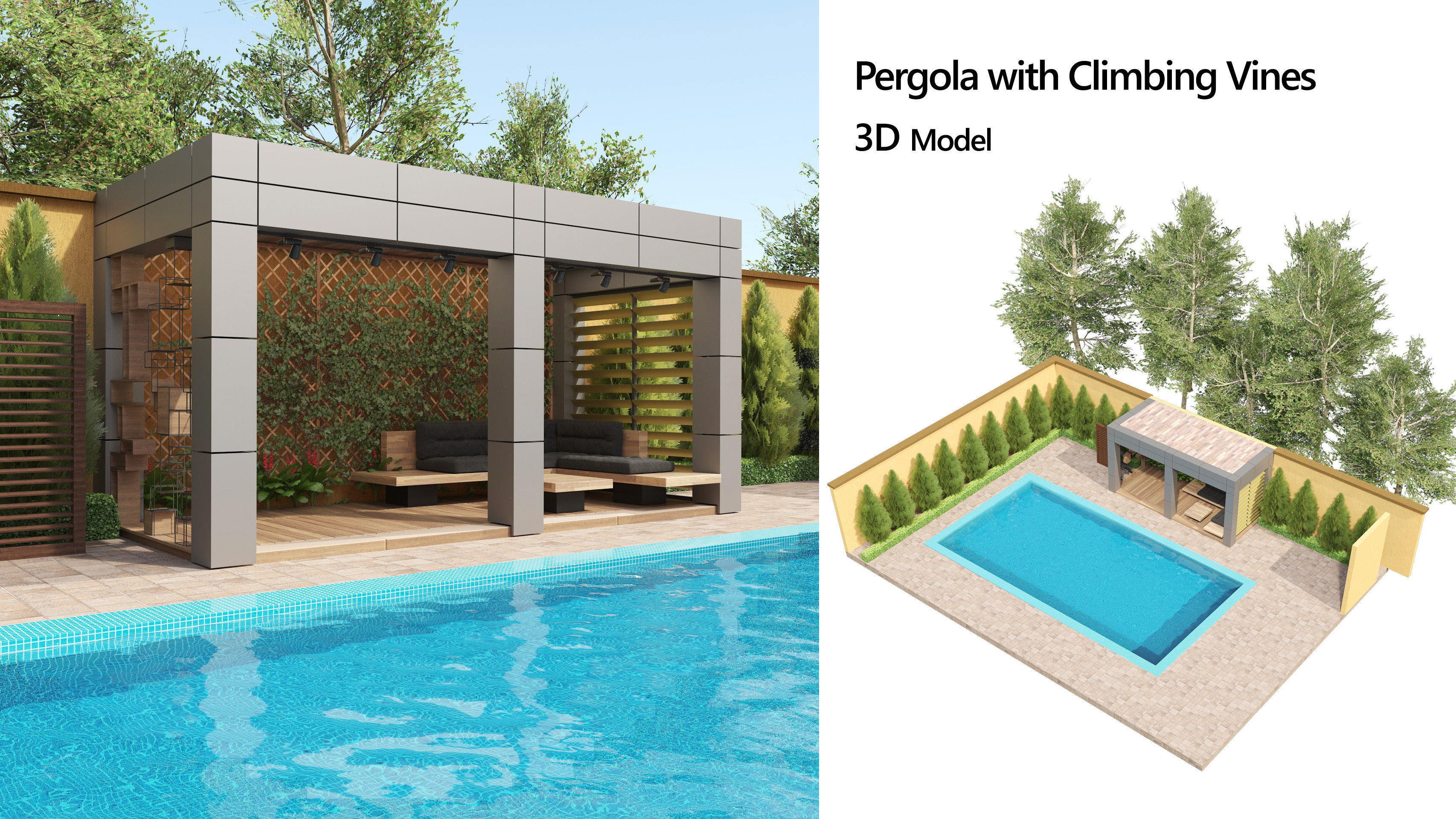 Pergola with Climbing Vines and pool  Low-poly 3D model_5