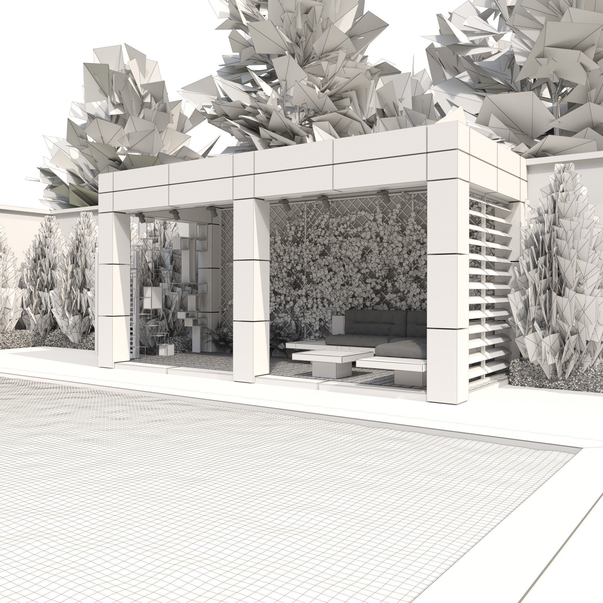 Pergola with Climbing Vines and pool  Low-poly 3D model_6