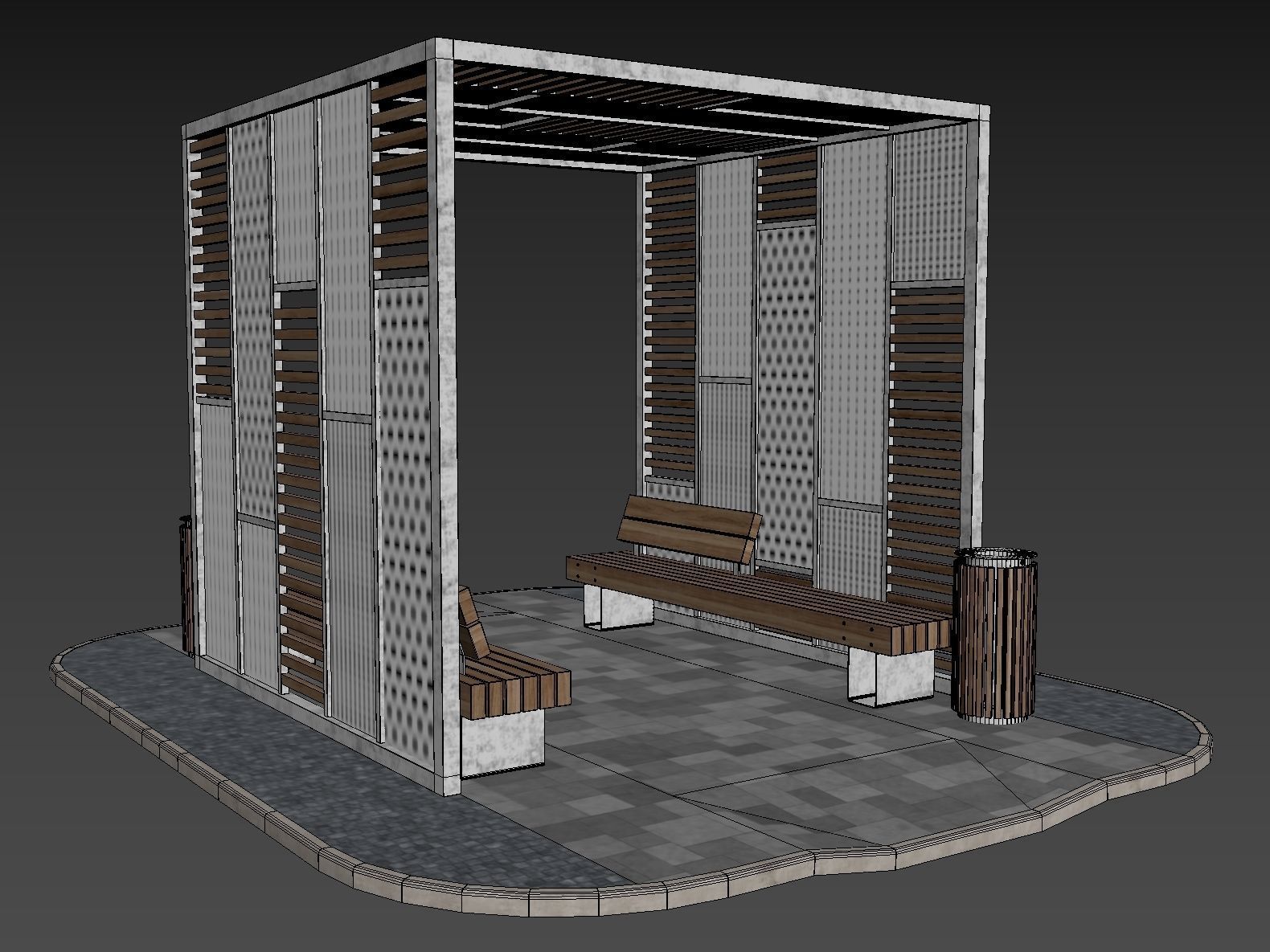 Set of pergolas and gazebos with benches 3D model_16