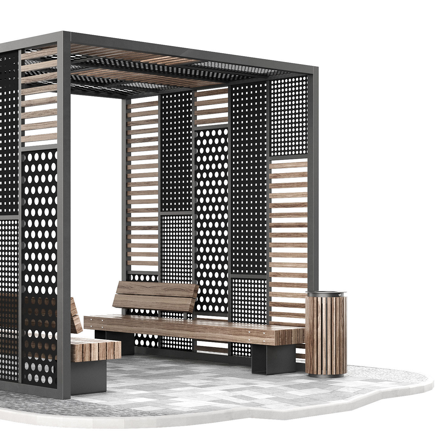 Set of pergolas and gazebos with benches 3D model_3