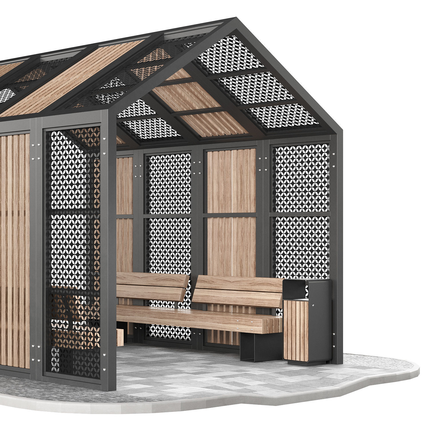 Set of pergolas and gazebos with benches 3D model_4
