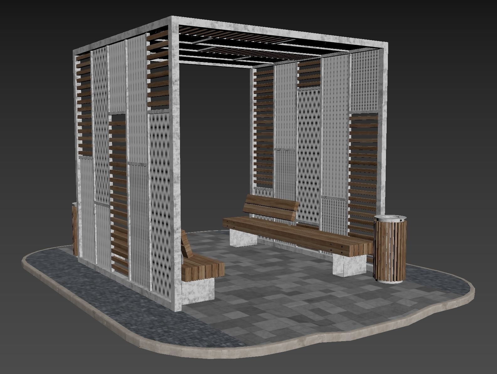 Set of pergolas and gazebos with benches 3D model_32