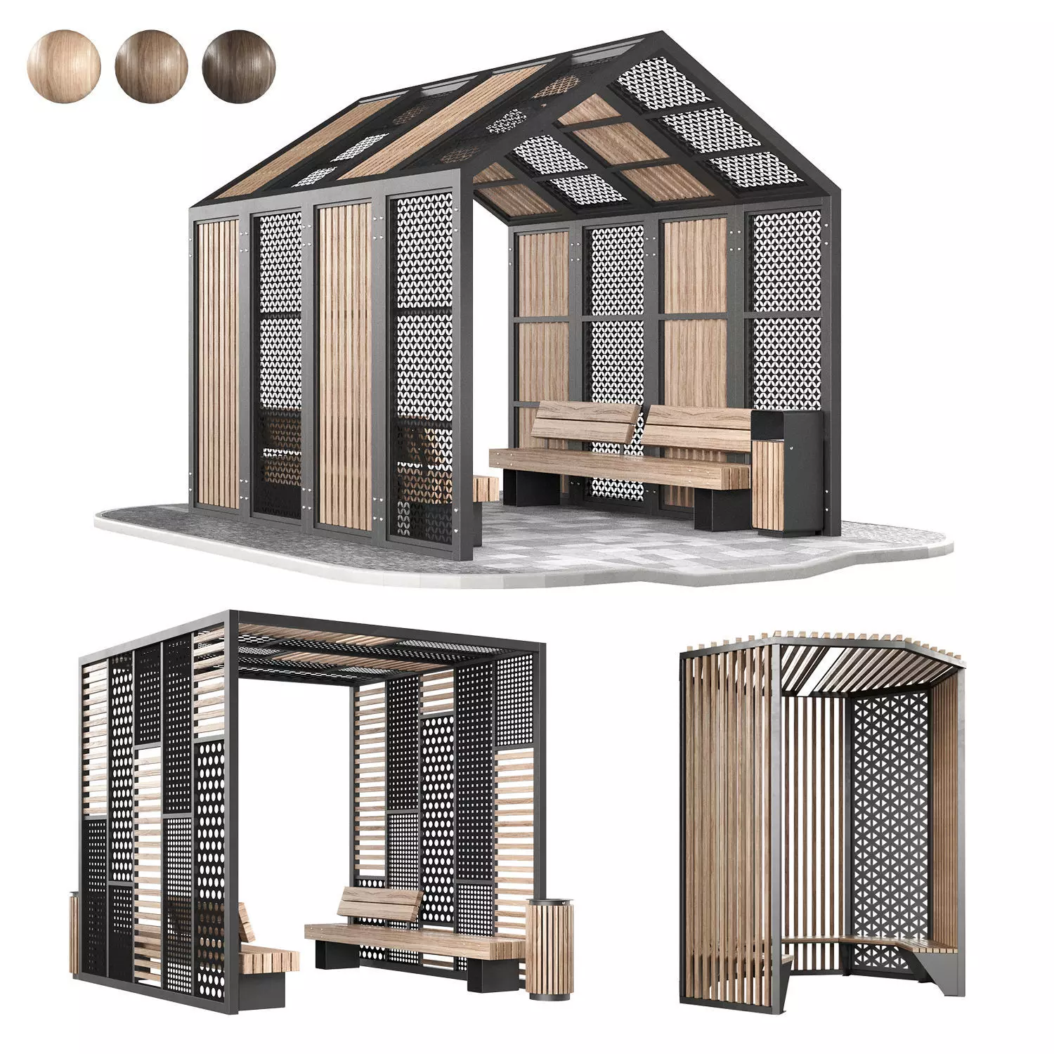 Set of pergolas and gazebos with benches 3D model_0