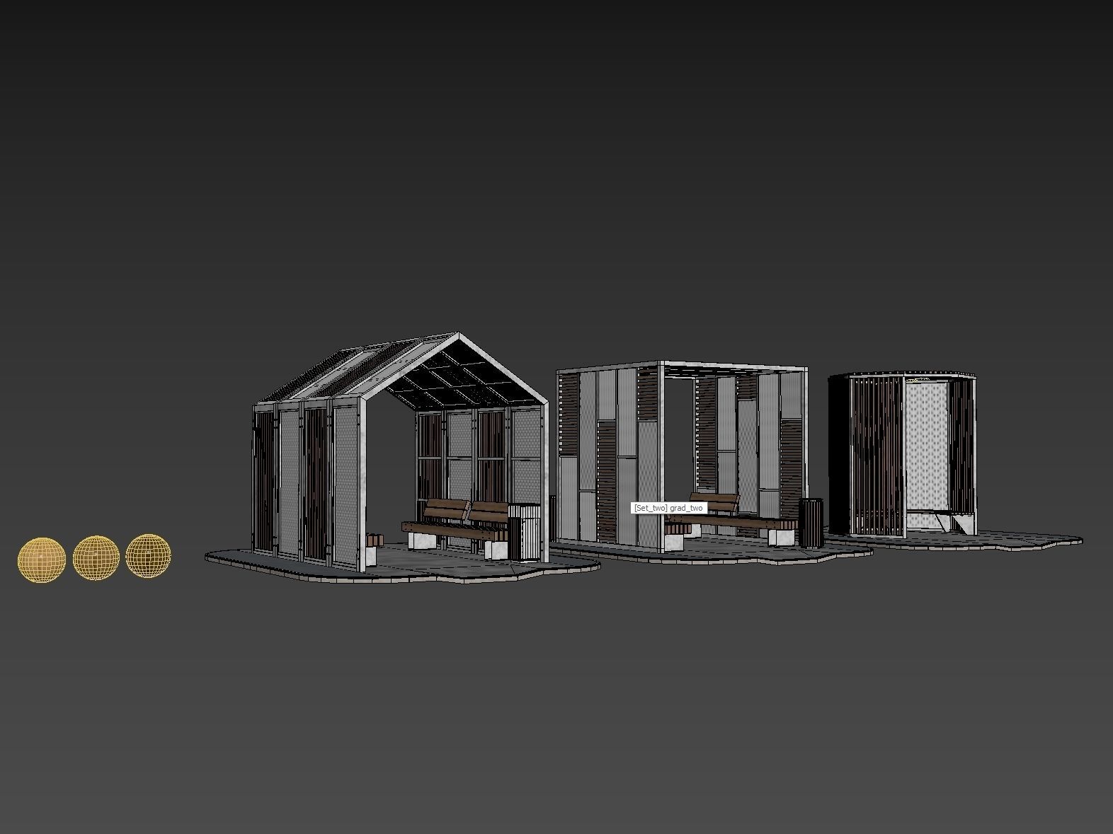 Set of pergolas and gazebos with benches 3D model_35