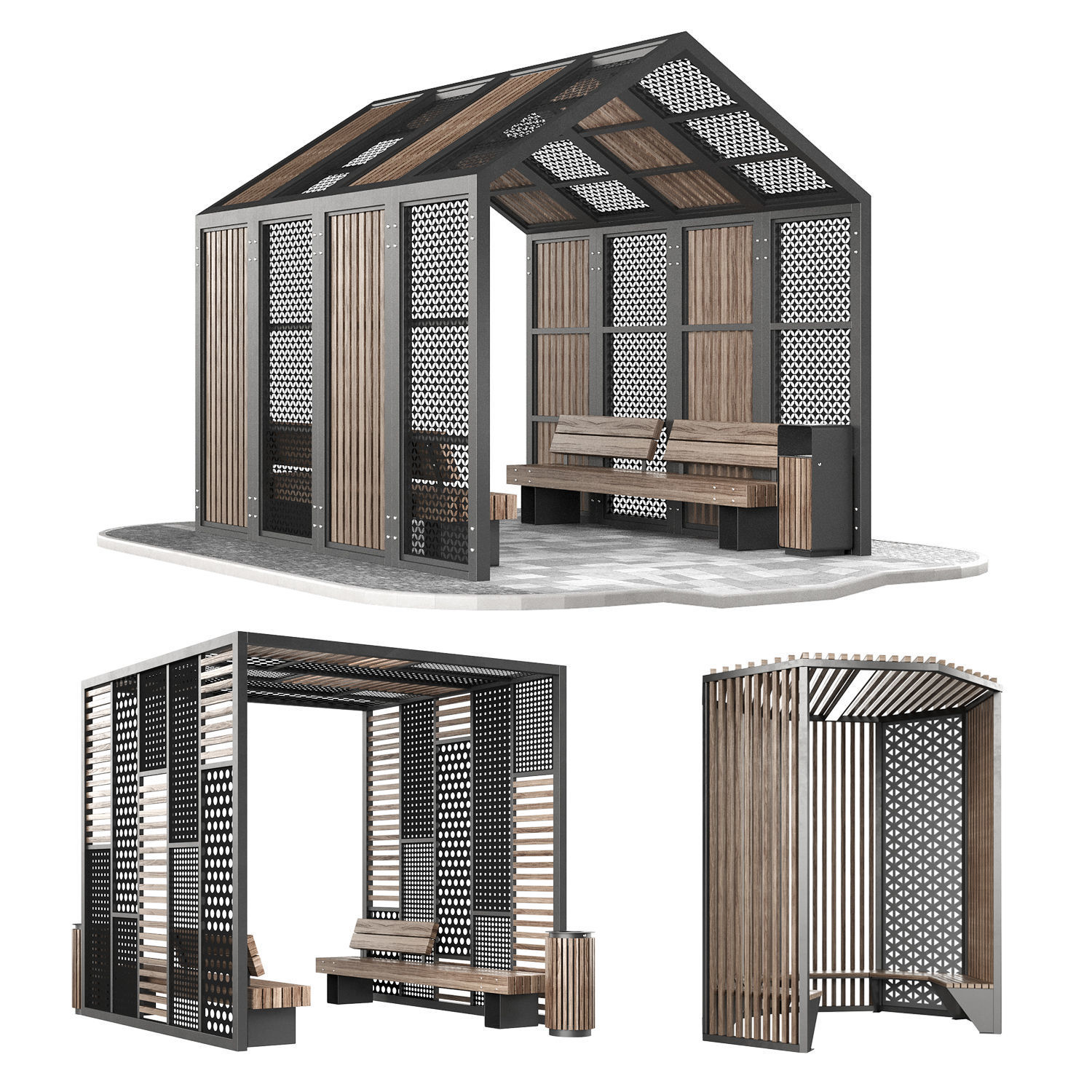 Set of pergolas and gazebos with benches 3D model_1