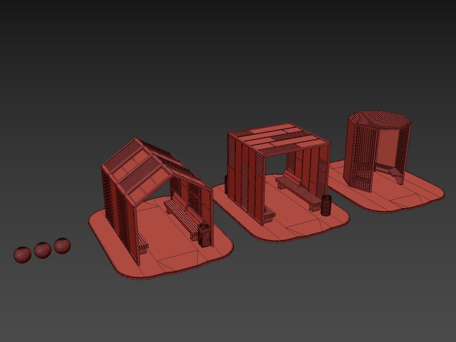 Set of pergolas and gazebos with benches 3D model_38
