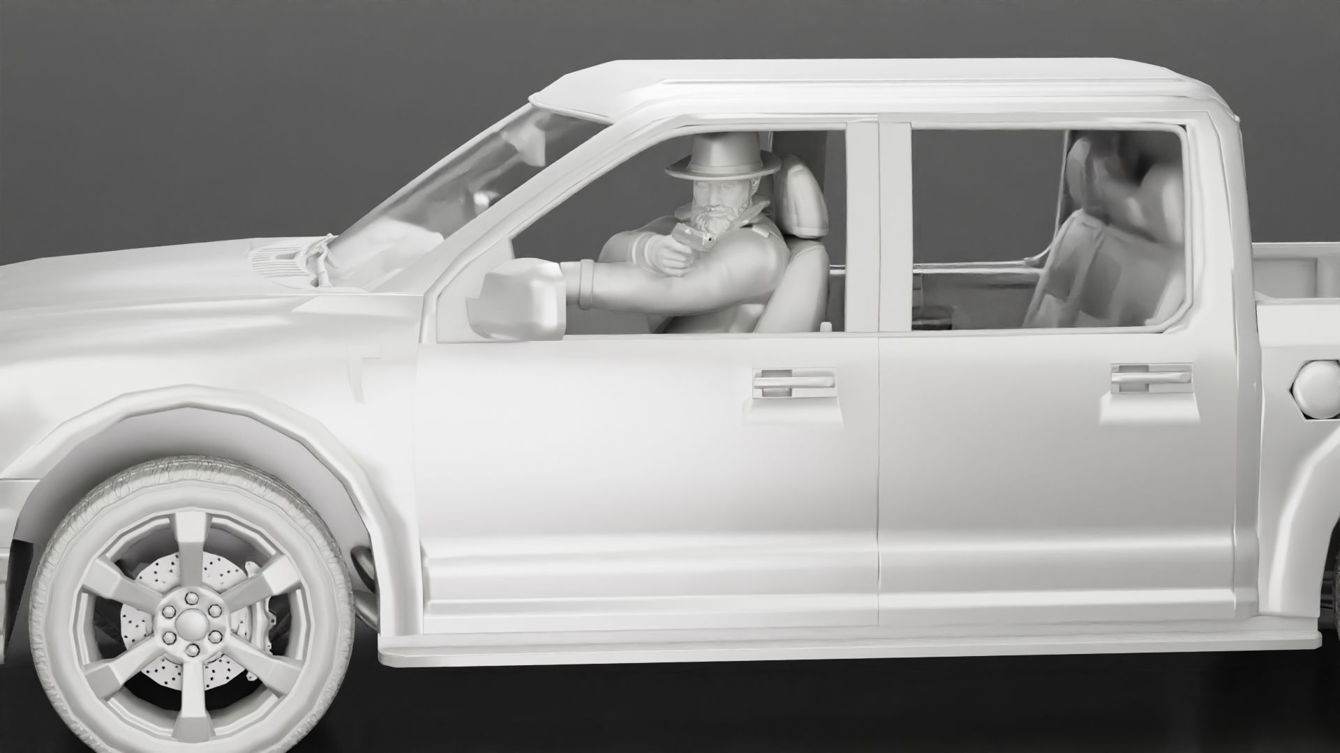 Gangster in hat driving a car and holding gun 3D print model_19