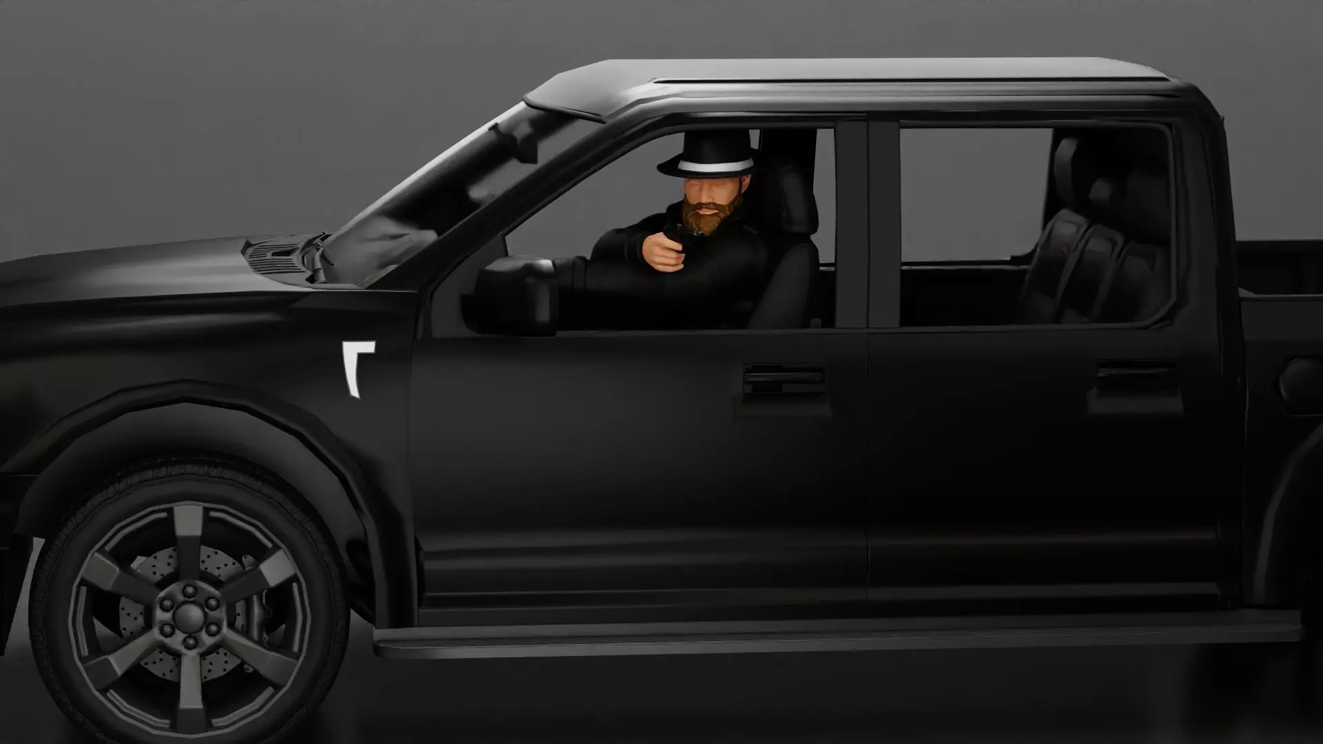 Gangster in hat driving a car and holding gun 3D print model_0