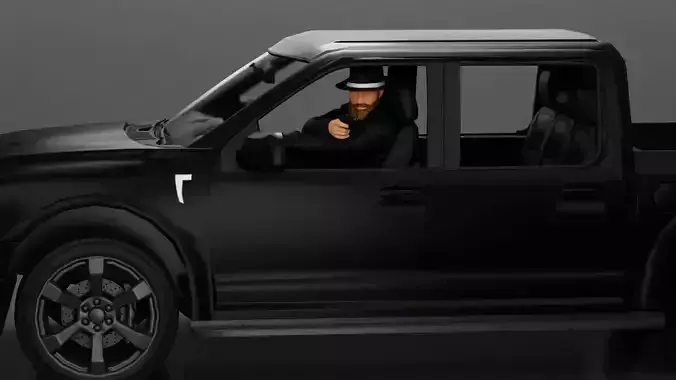 Gangster in hat driving a car and holding gun