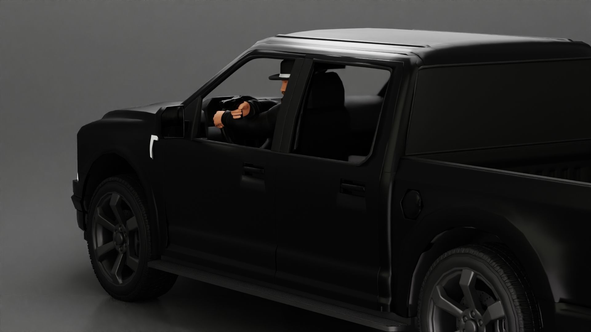 Gangster in hat driving a car and holding gun 3D print model_8