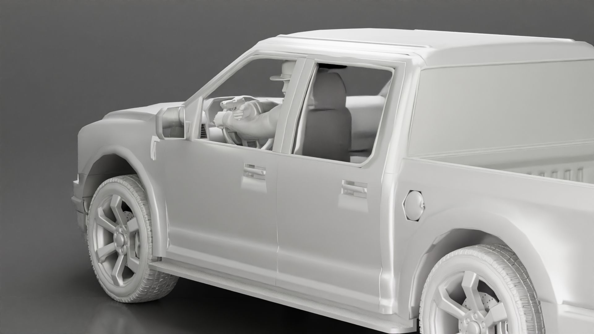 Gangster in hat driving a car and holding gun 3D print model_24