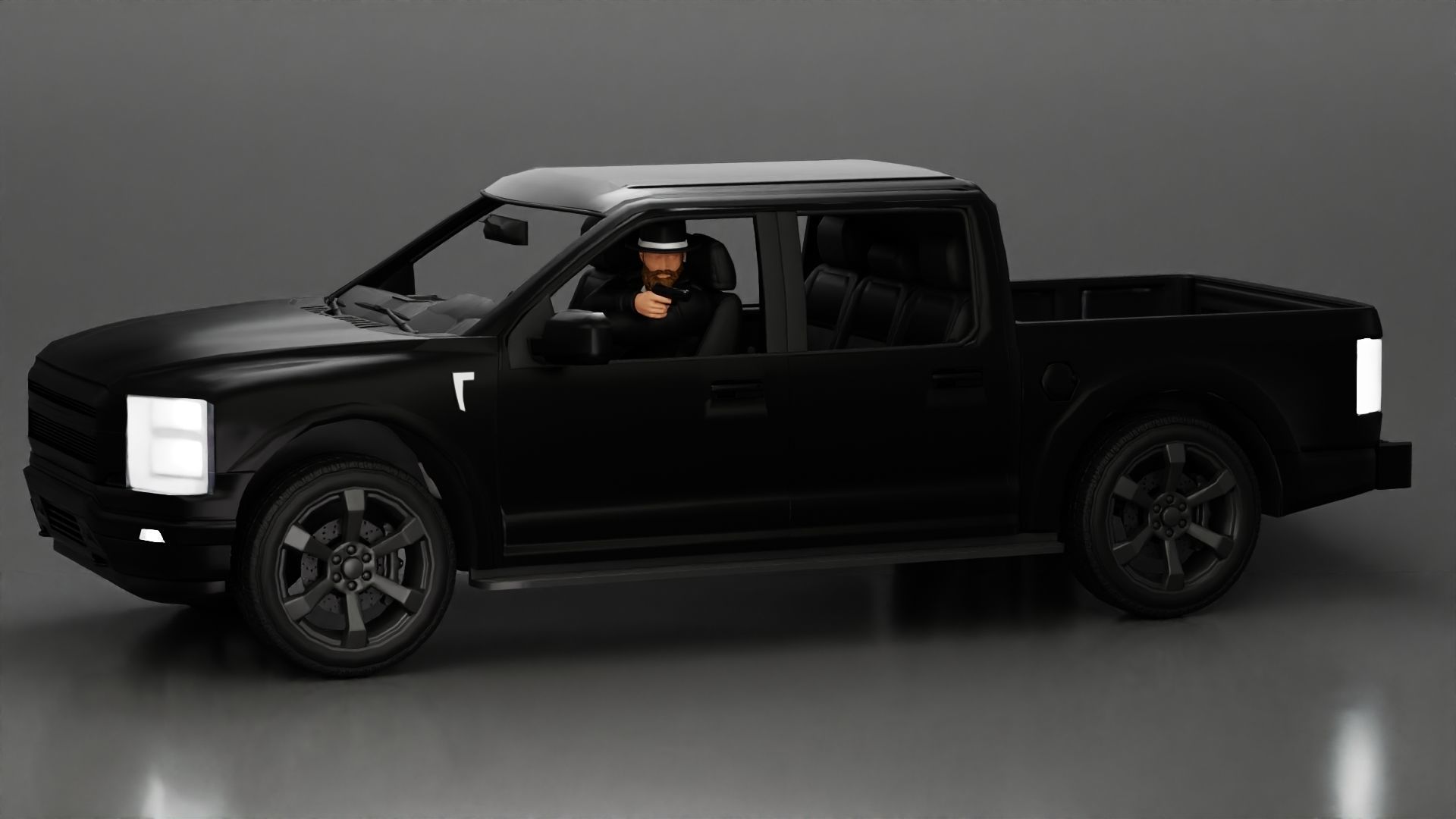 Gangster in hat driving a car and holding gun 3D print model_3