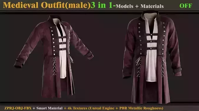 3 in 1 Medieval Outfit-MALE-MD-Clo3d-OBJ - FBX -Material