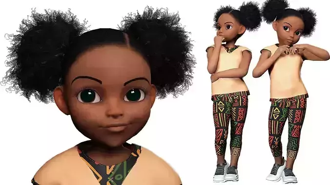Stylized black afro cartoon girl - Toon Rigged Child 3D model Low-poly 3D model Stylized black afro cartoon girl - Toon Rigged Child 3D model Low-poly 3D model