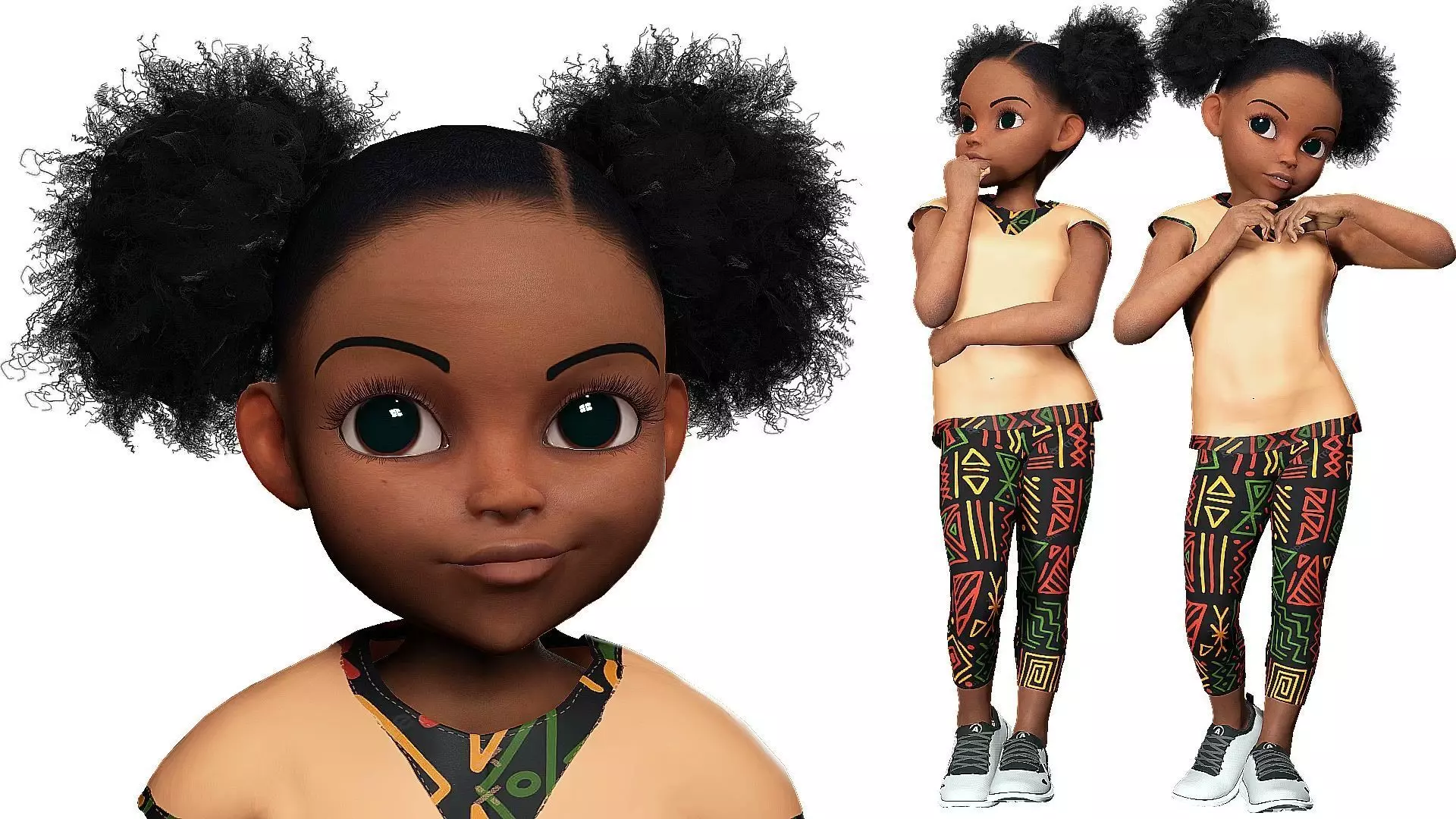 Stylized black afro cartoon girl - Toon Rigged Child 3D model Low-poly 3D model_0