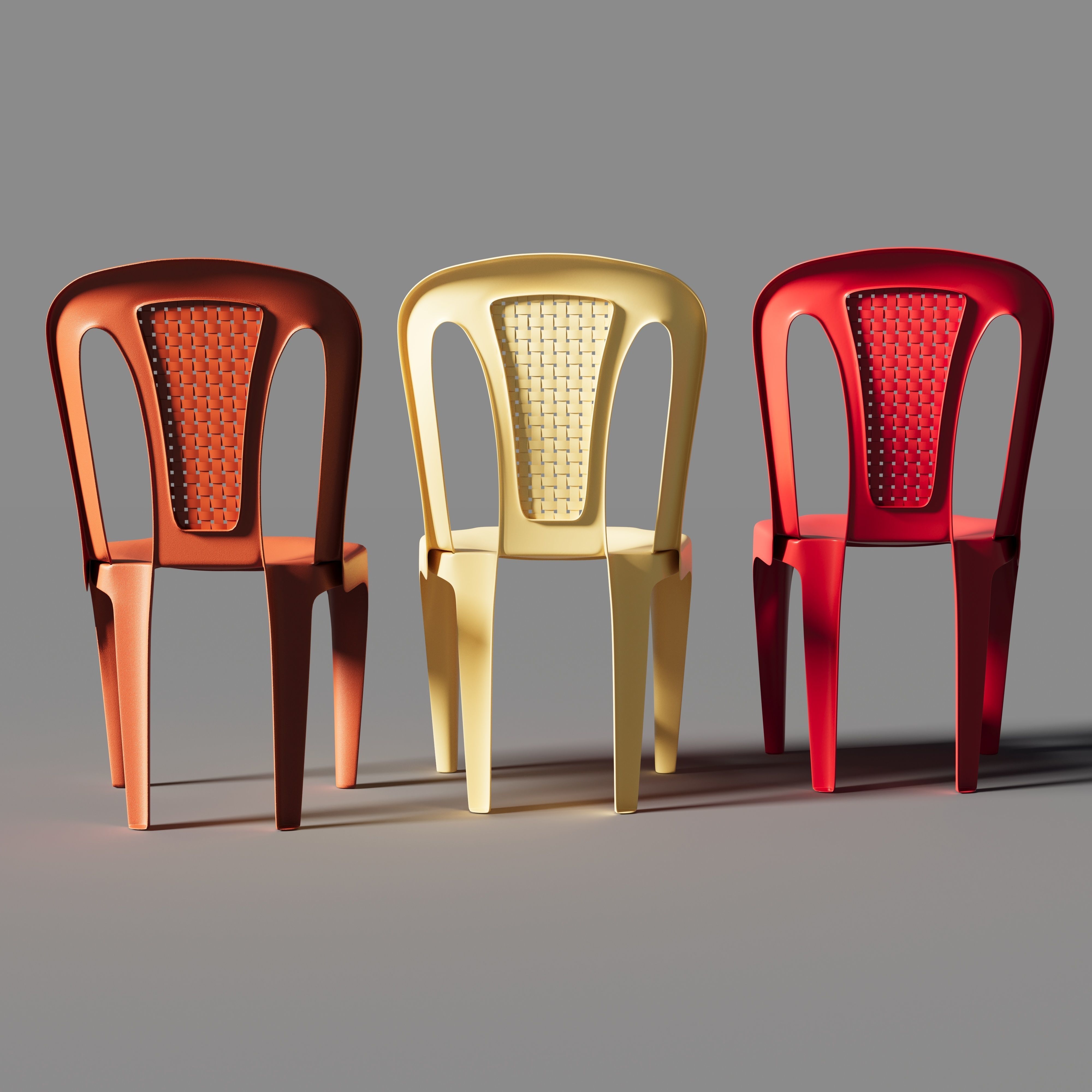 Plastic multi-colored chairs with wicker back 3D model_1