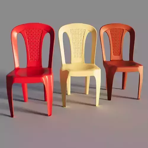 Plastic multi-colored chairs with wicker back