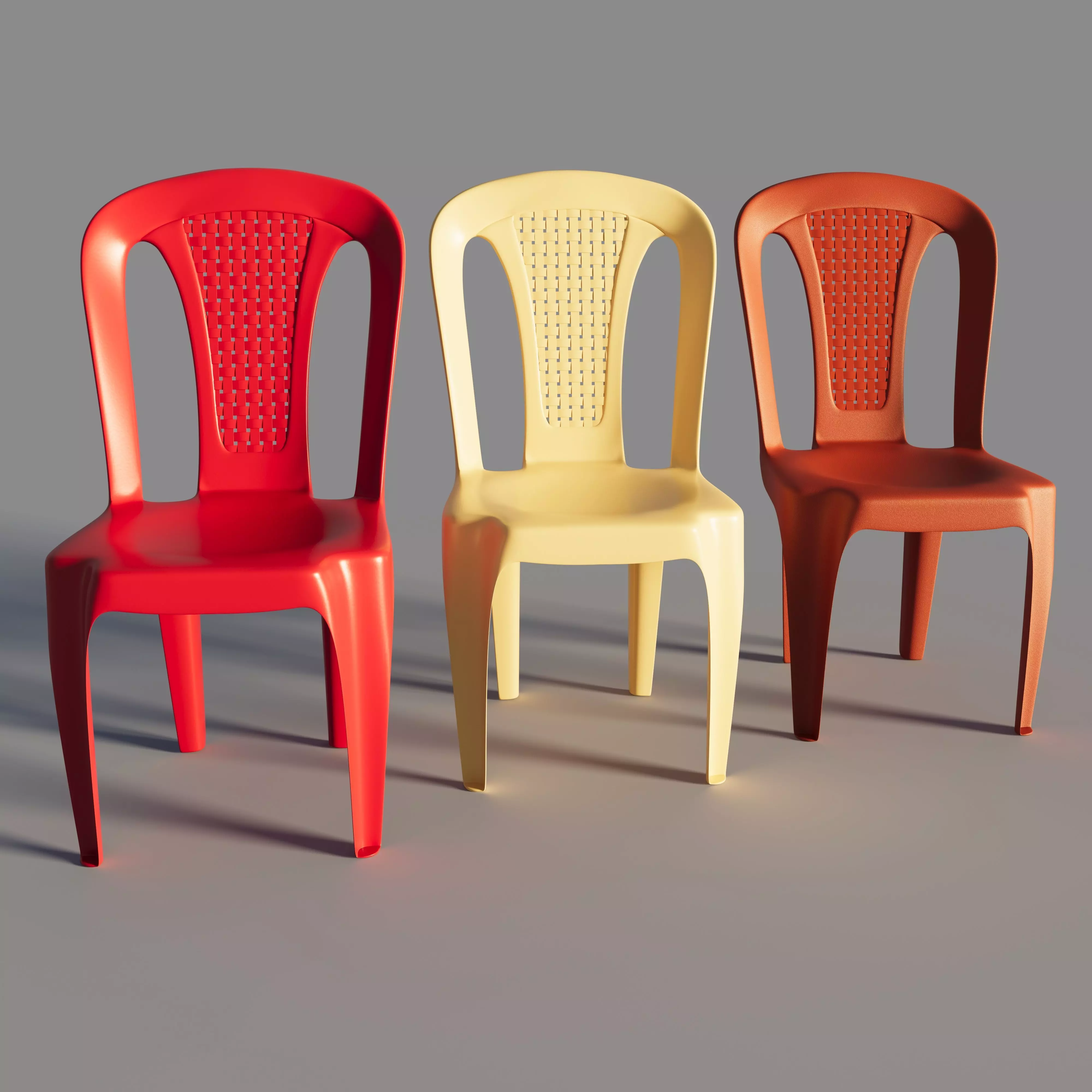 Plastic multi-colored chairs with wicker back 3D model_0