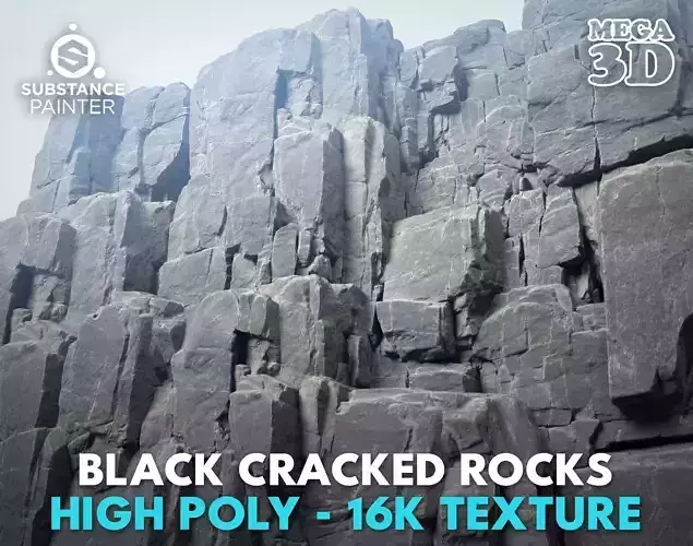 High Poly Black Cracked Cliff  Rock 231012 3D model