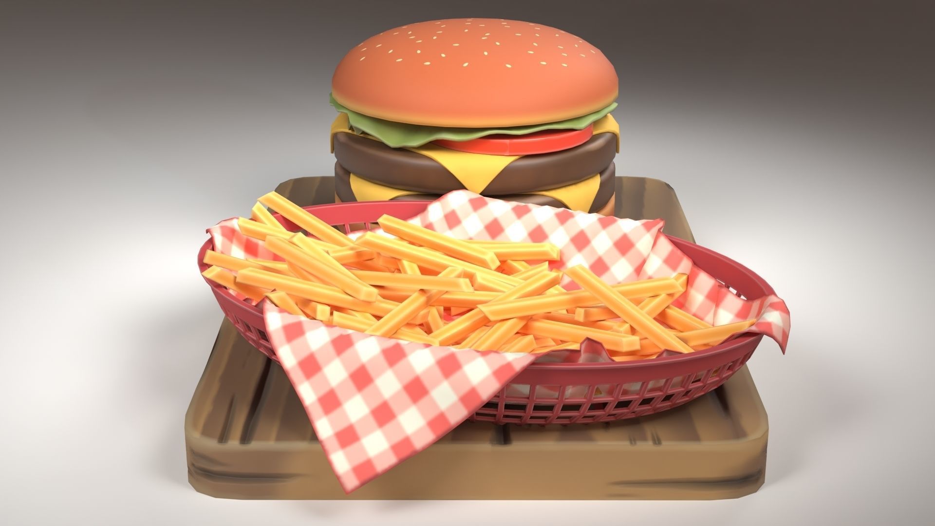 A Stylized Burger with Fries Low-poly 3D model_6