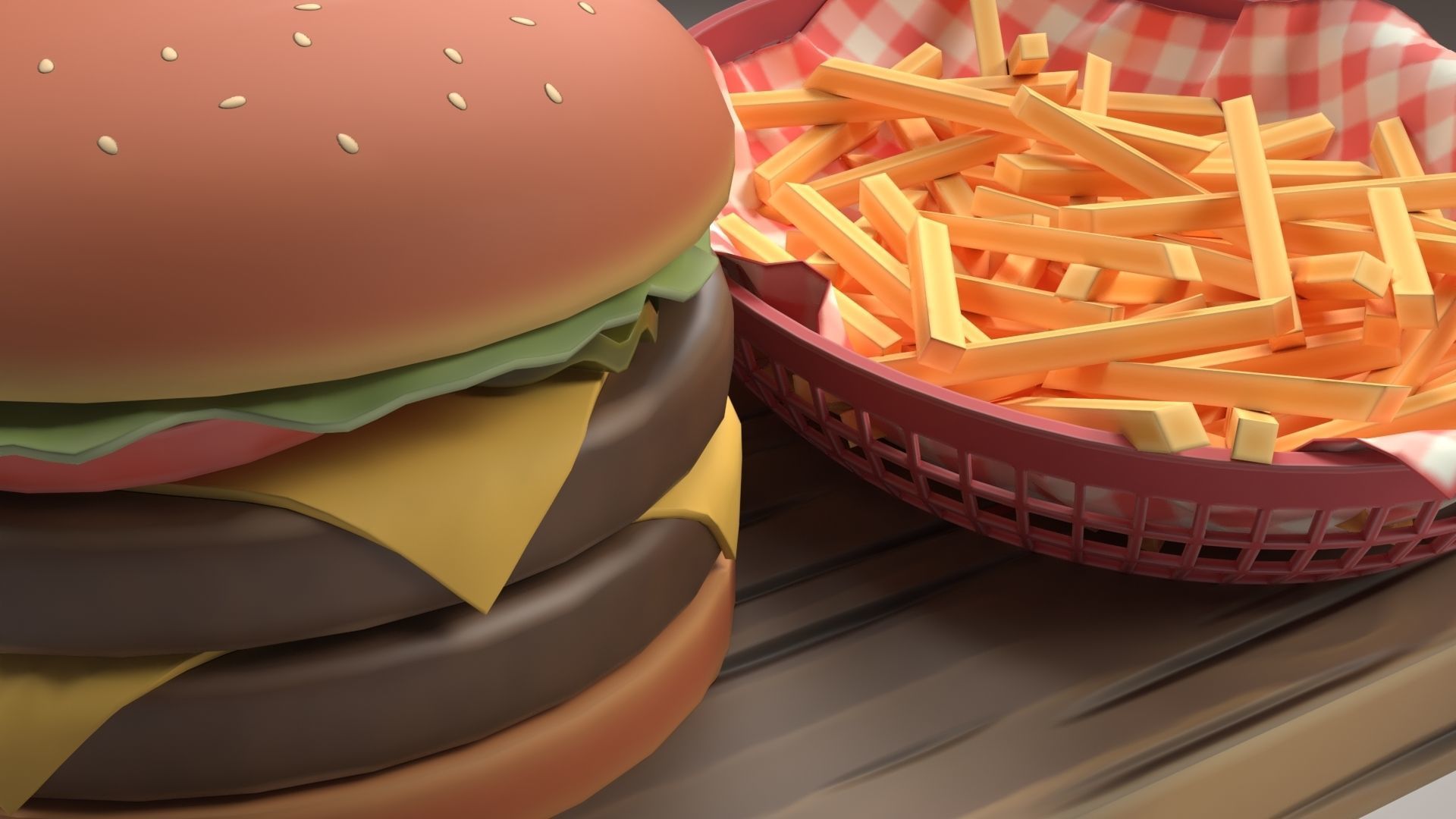 A Stylized Burger with Fries Low-poly 3D model_9