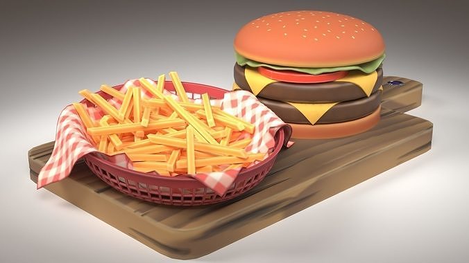 A Stylized Burger with Fries Low-poly 3D model 3