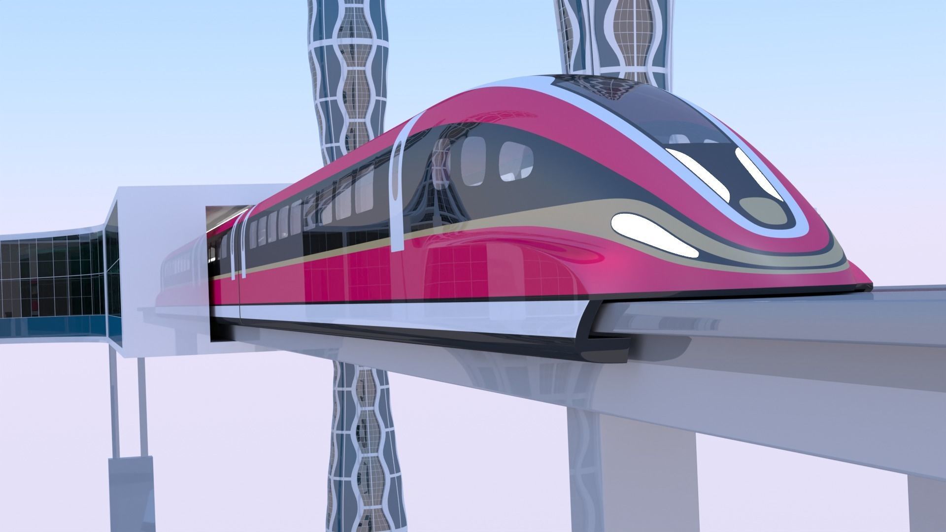 Future skyscrapers with maglev station 3D model_4