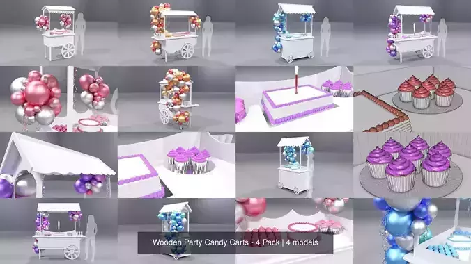 Wooden Party Candy Carts - 4 Pack 3D Model Collection