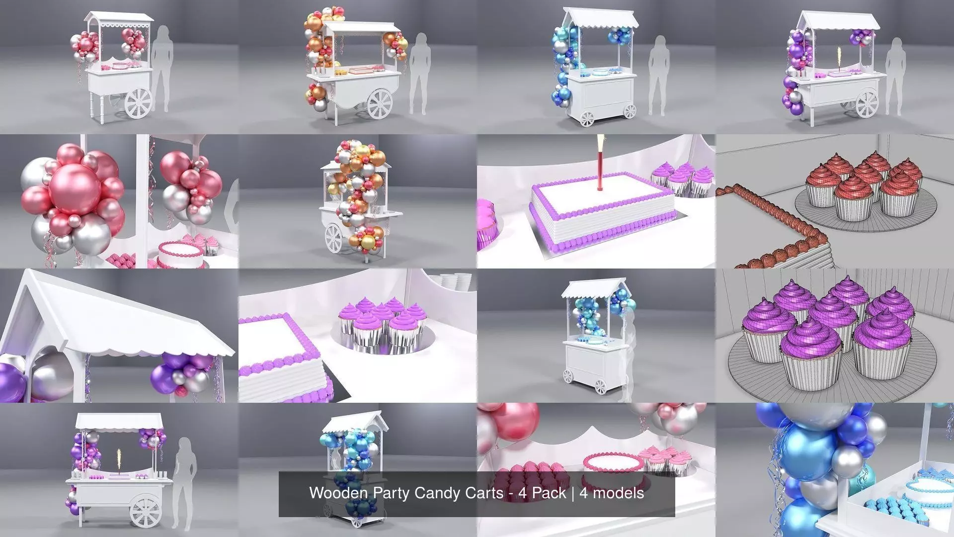 Wooden Party Candy Carts - 4 Pack 3D Model Collection_0