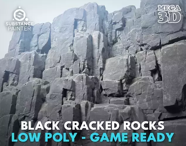 Low Poly Black Cracked Cliff Rock 231012 Low-poly 3D model