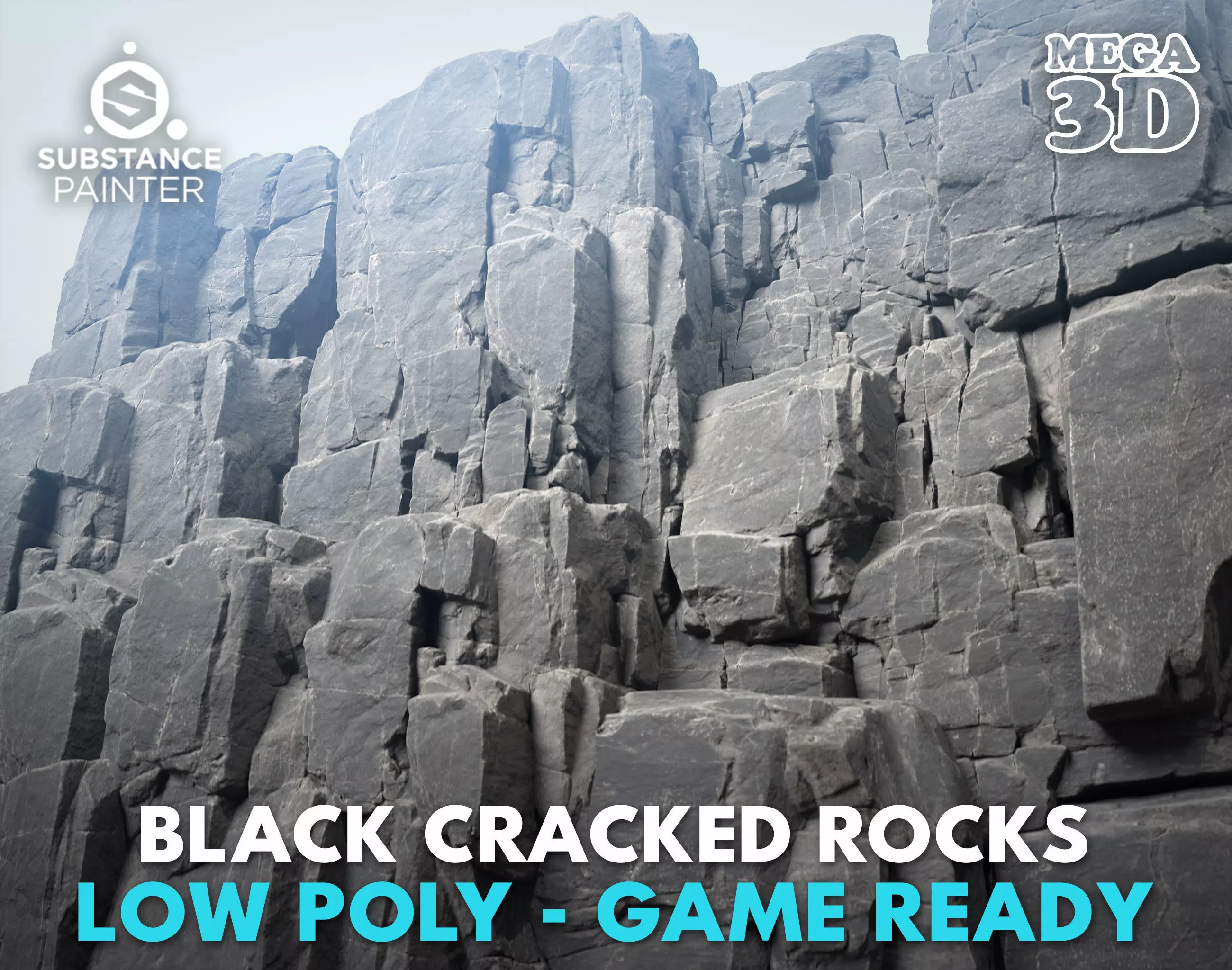 Low Poly Black Cracked Cliff Rock 231012 Low-poly 3D model_0