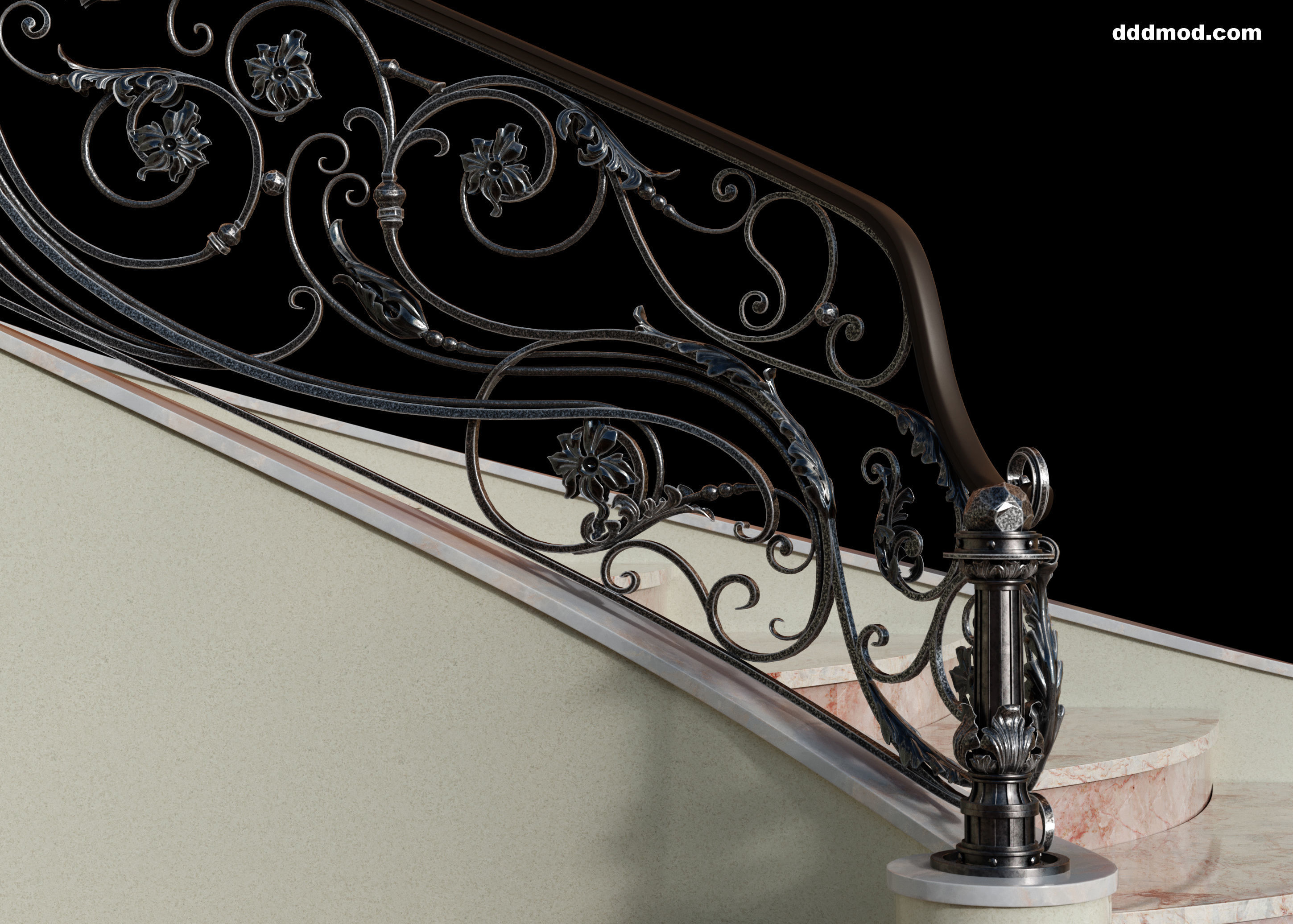 stair railing forging floral turn 3D model_1