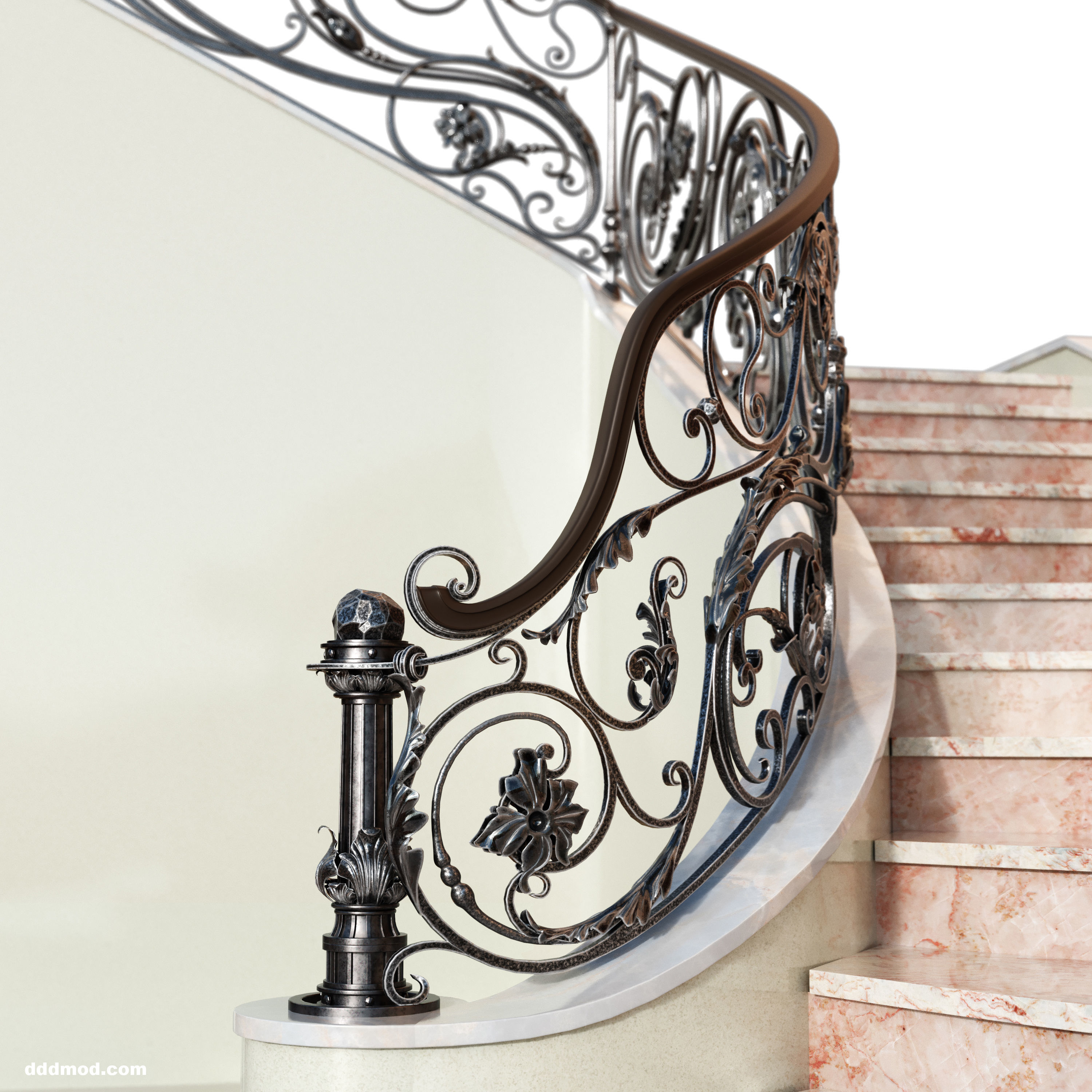 stair railing forging floral turn 3D model_2
