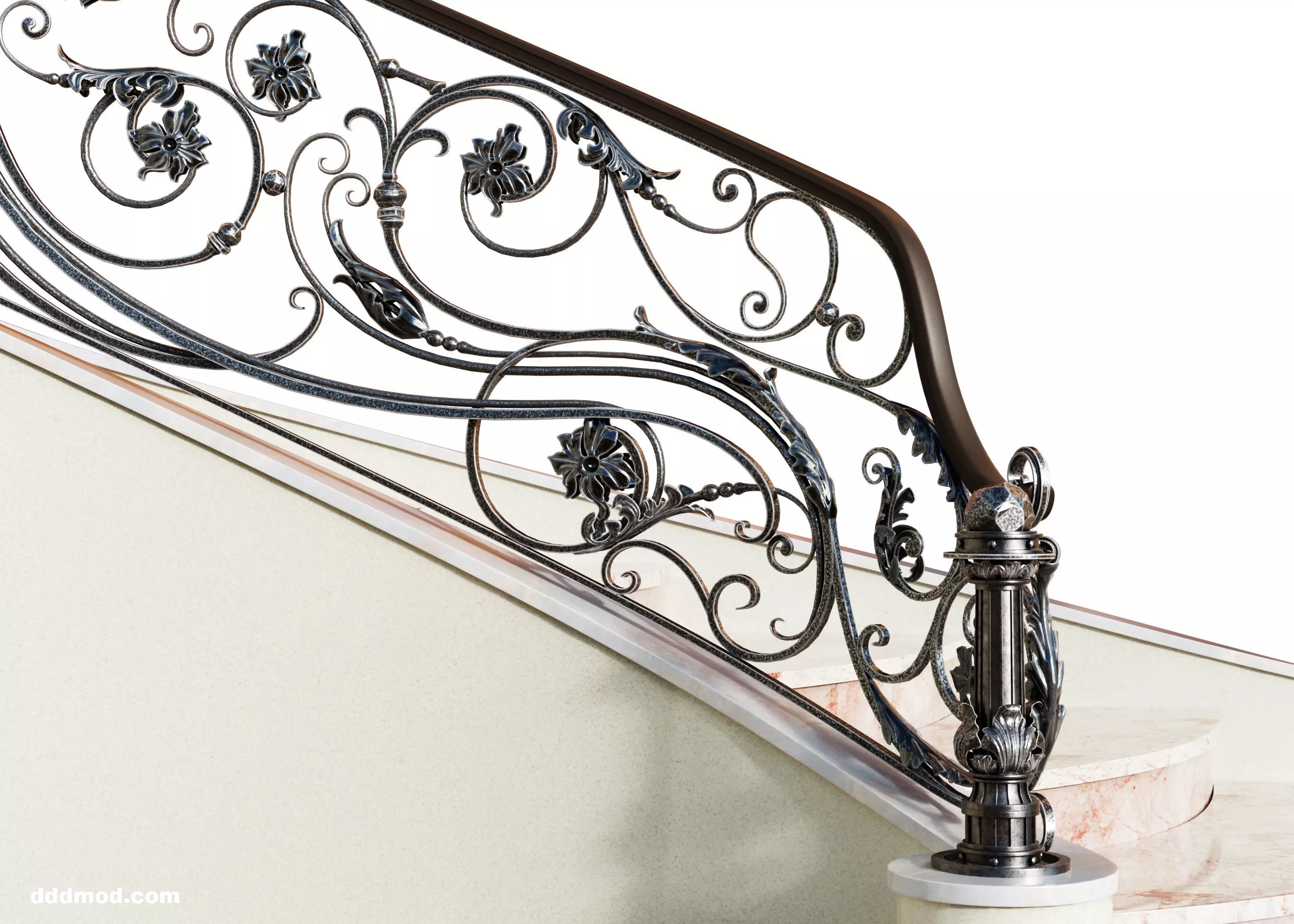 stair railing forging floral turn 3D model_0